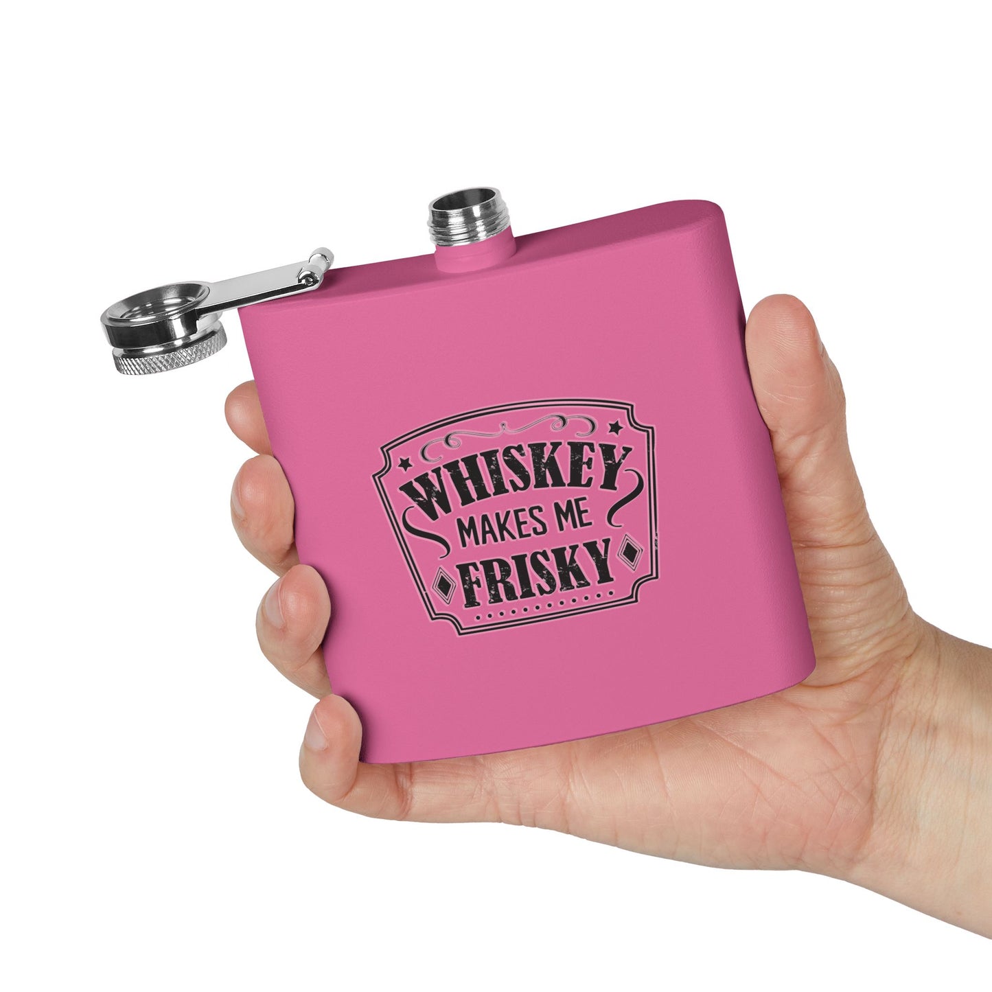 Whiskey Flask Gift for Wedding Party - 6oz Stainless Steel Flask with 'Whiskey Makes Me Frisky' Design - aMOOsing Designs
