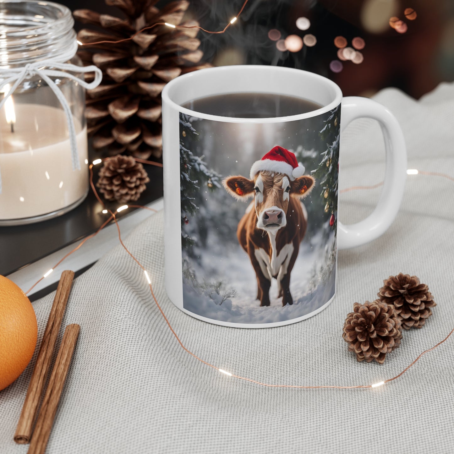 Festive Cow Christmas Mug - 11oz Holiday Cup - aMOOsing Designs