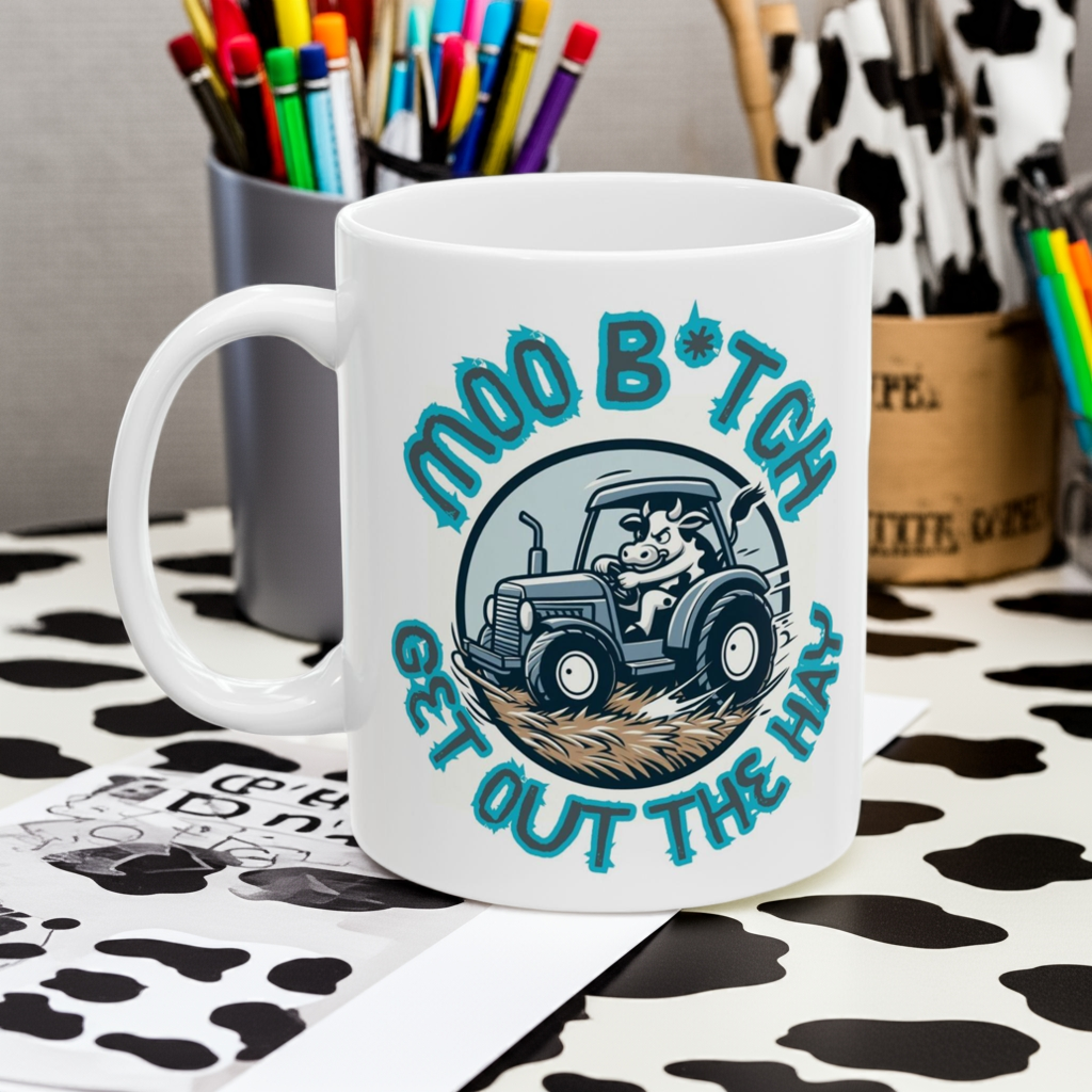 MOO B*tch Get Out The Hay – Funny Cow Coffee Mug, Farm Animal Ceramic Cup, Gift for Cow Lovers - aMOOsing Designs