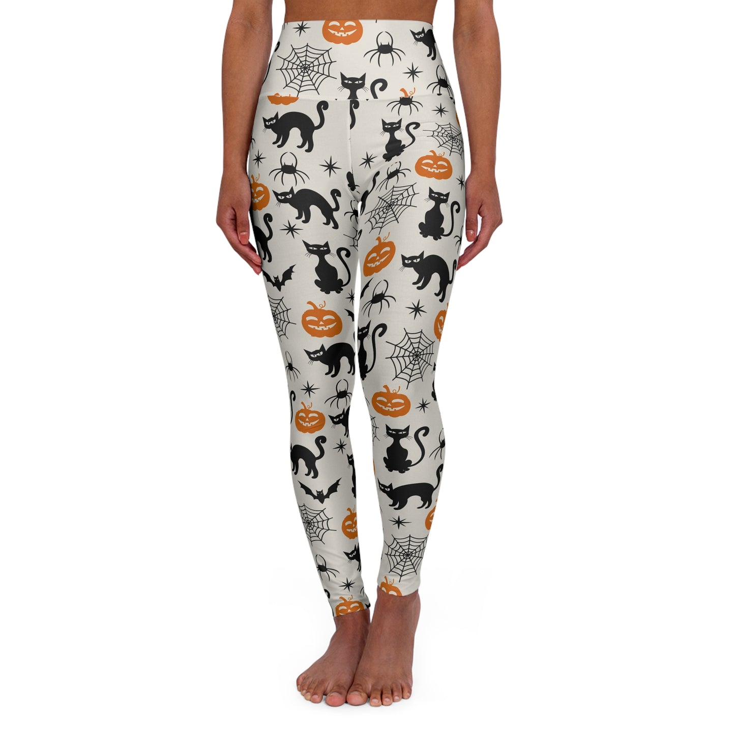Halloween Themed High Waisted Yoga Leggings, Comfy Exercise Pants, Cat & Pumpkin Leggings, Fitness Wear for Fall, Trick or Treat Leggings
