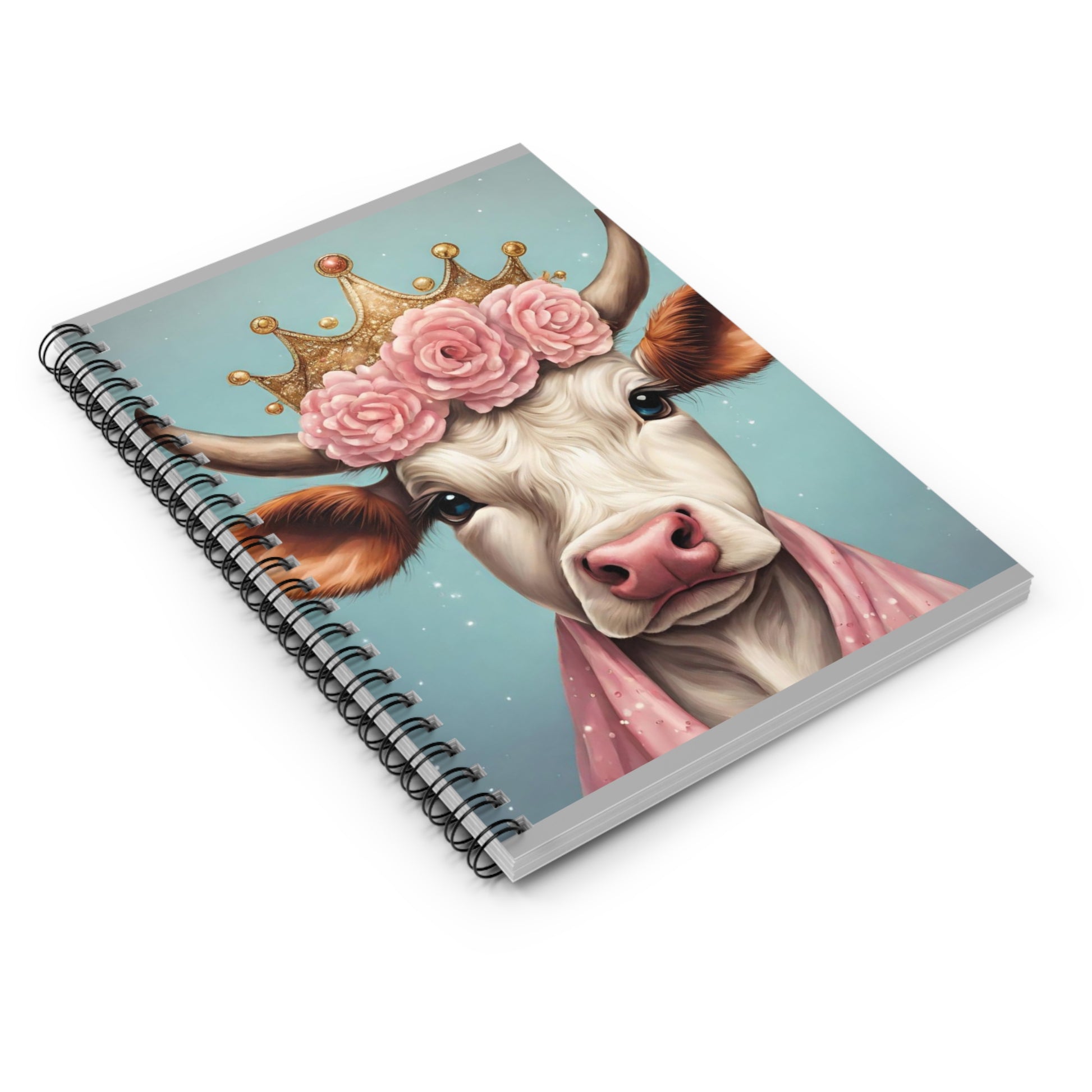 "Princess Moo" Spiral Notebook - Ruled Line with a crowned cow illustration on a blue background.