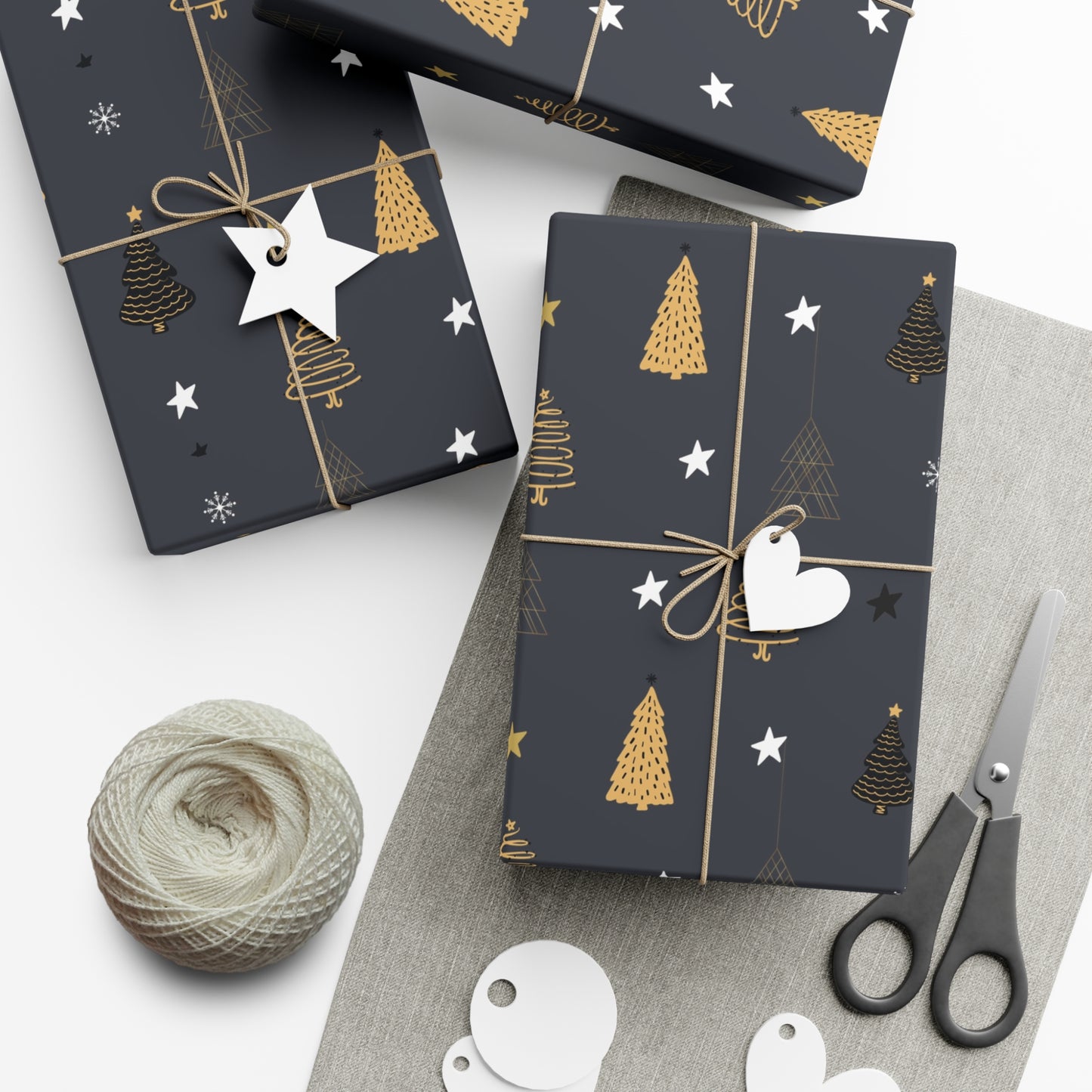 Elegant Black & Gold Holiday Gift Wrap Paper - Christmas Tree & Star Design - aMOOsing Designs
