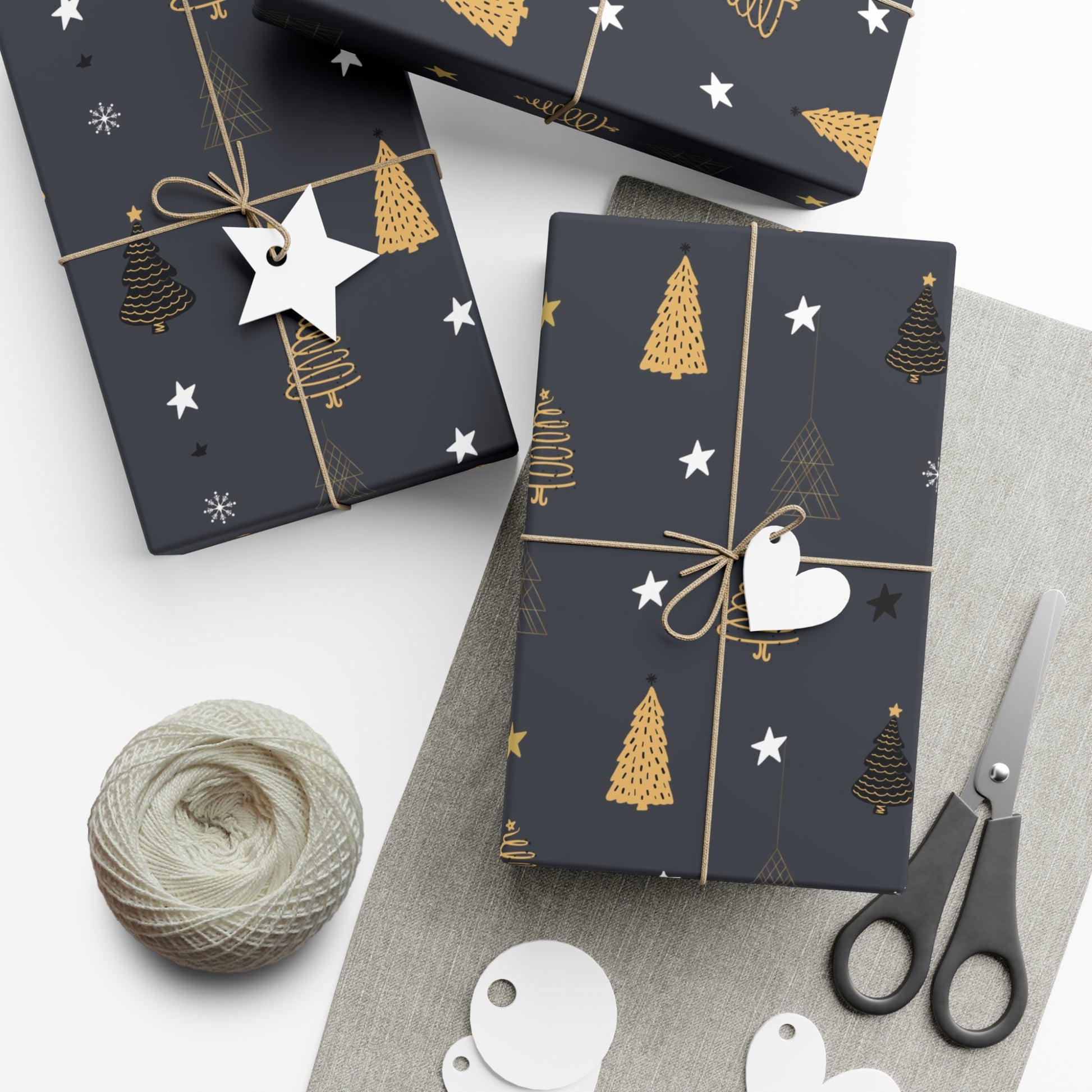 Elegant Black & Gold Holiday Gift Wrap Paper - Christmas Tree & Star Design - aMOOsing Designs