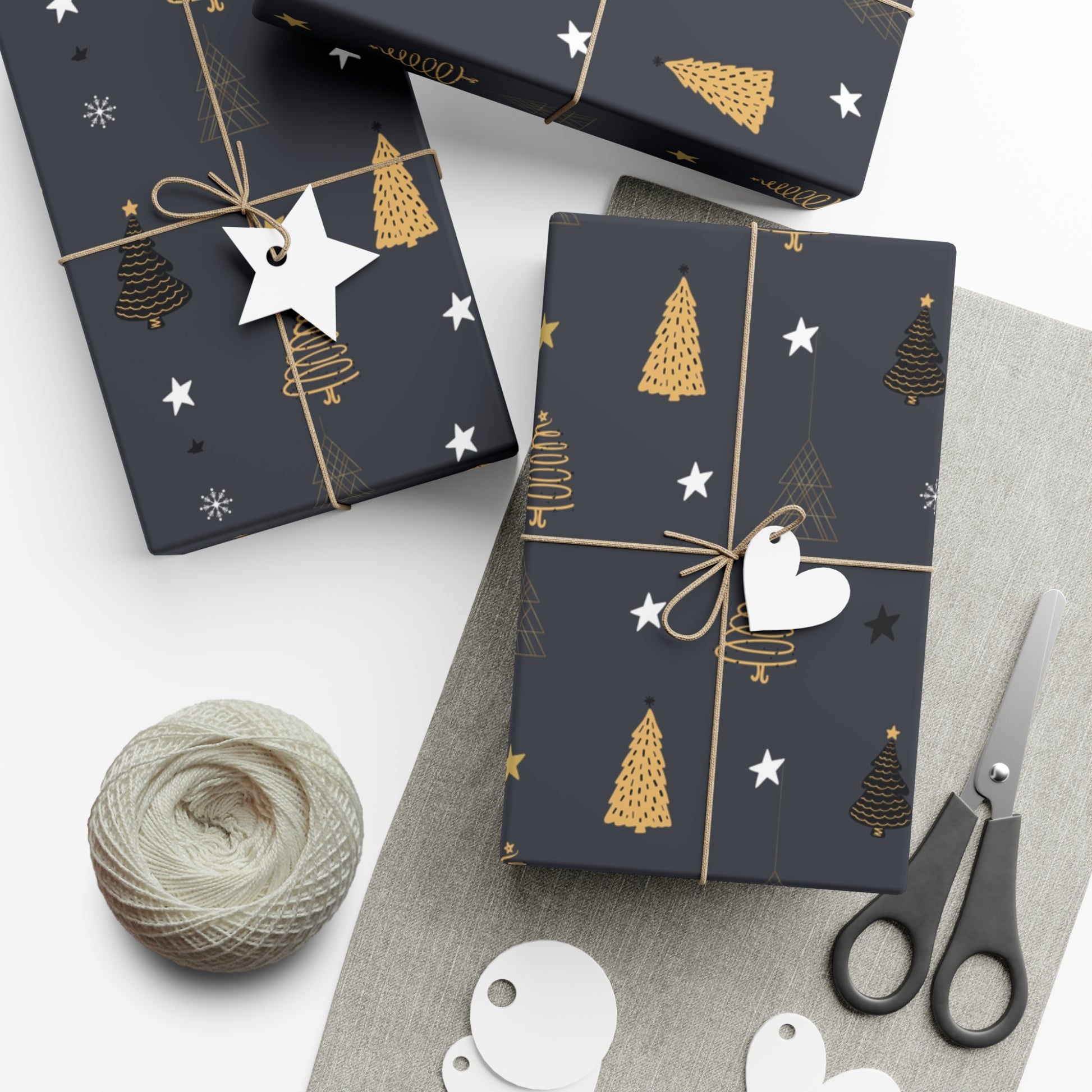Elegant Black & Gold Holiday Gift Wrap Paper - Christmas Tree & Star Design - aMOOsing Designs
