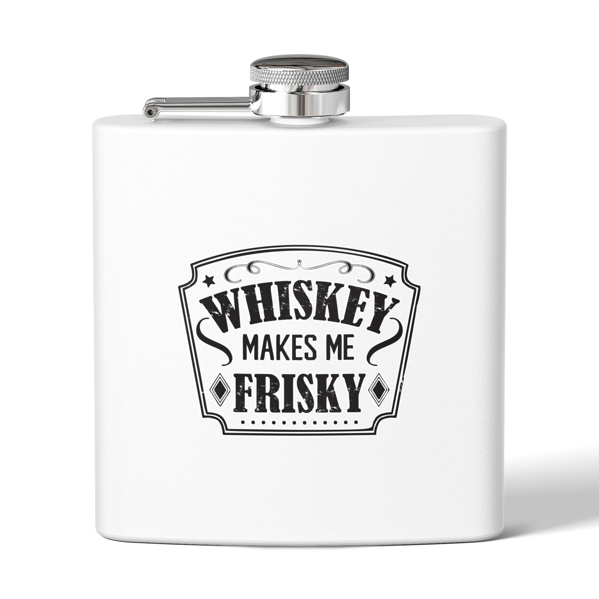 Whiskey Flask Gift for Wedding Party - 6oz Stainless Steel Flask with 'Whiskey Makes Me Frisky' Design - aMOOsing Designs