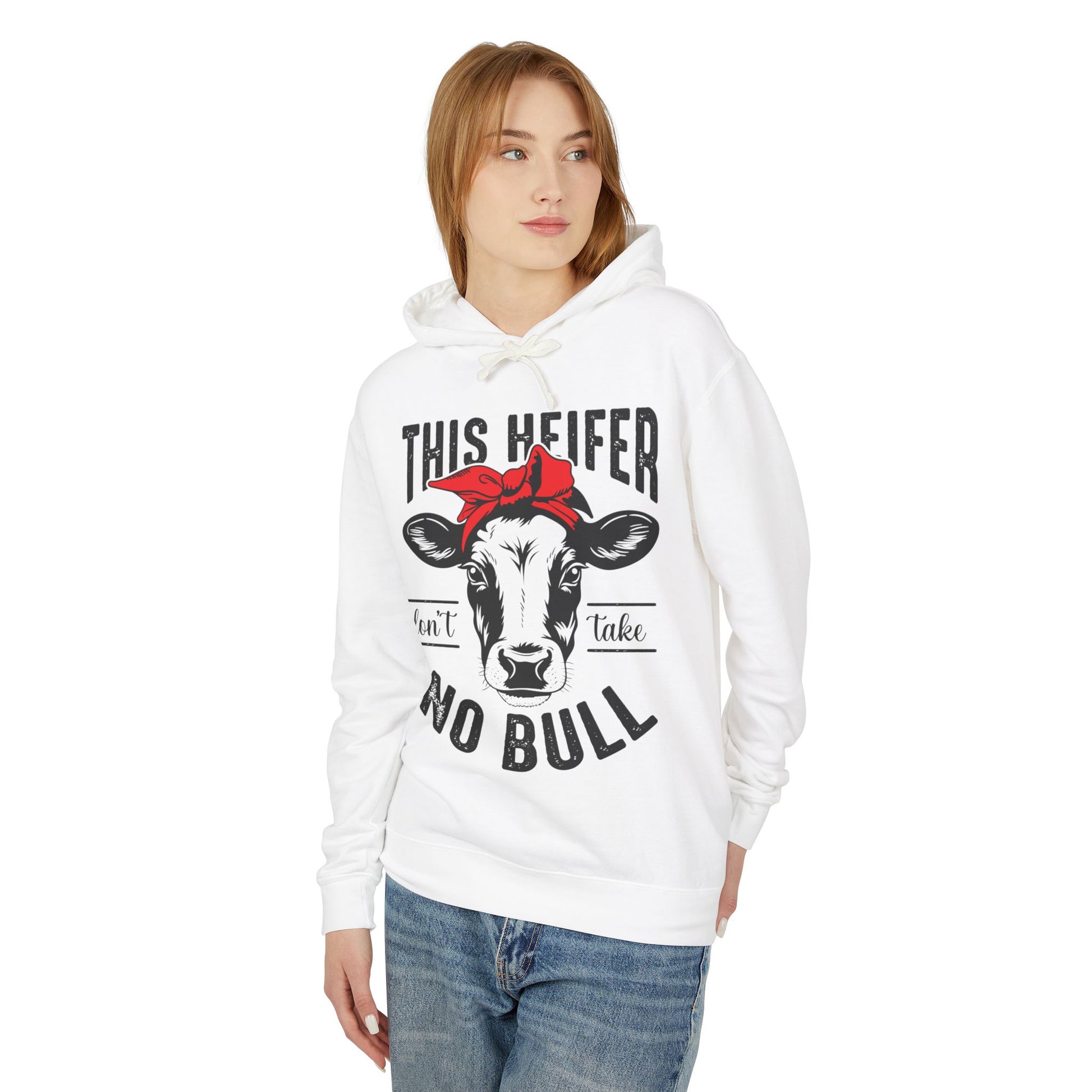 Funny Cow Graphic Unisex Lightweight Hooded Sweatshirt - "This Heifer Don't Take No Bull" - aMOOsing Designs