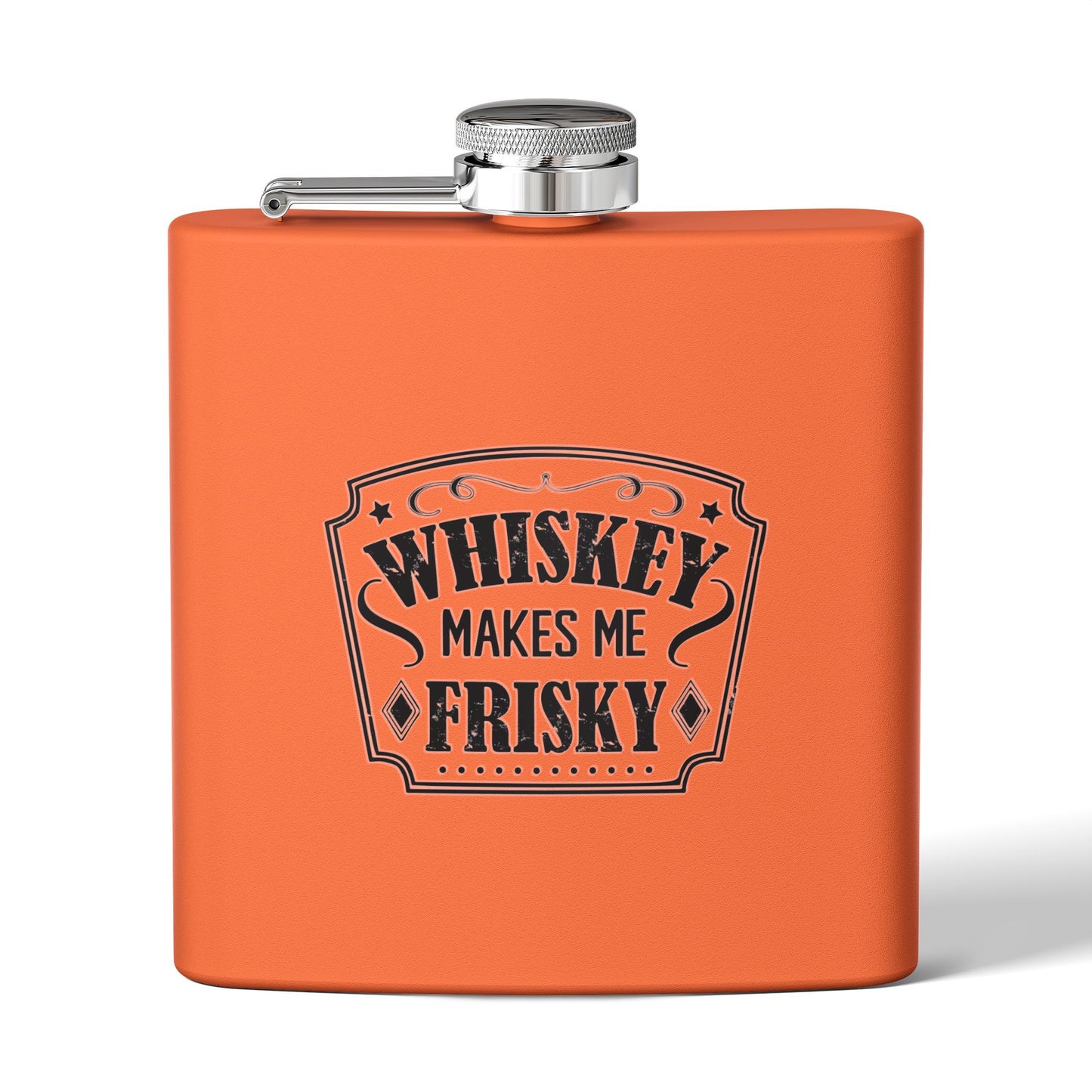 Whiskey Flask Gift for Wedding Party - 6oz Stainless Steel Flask with 'Whiskey Makes Me Frisky' Design - aMOOsing Designs
