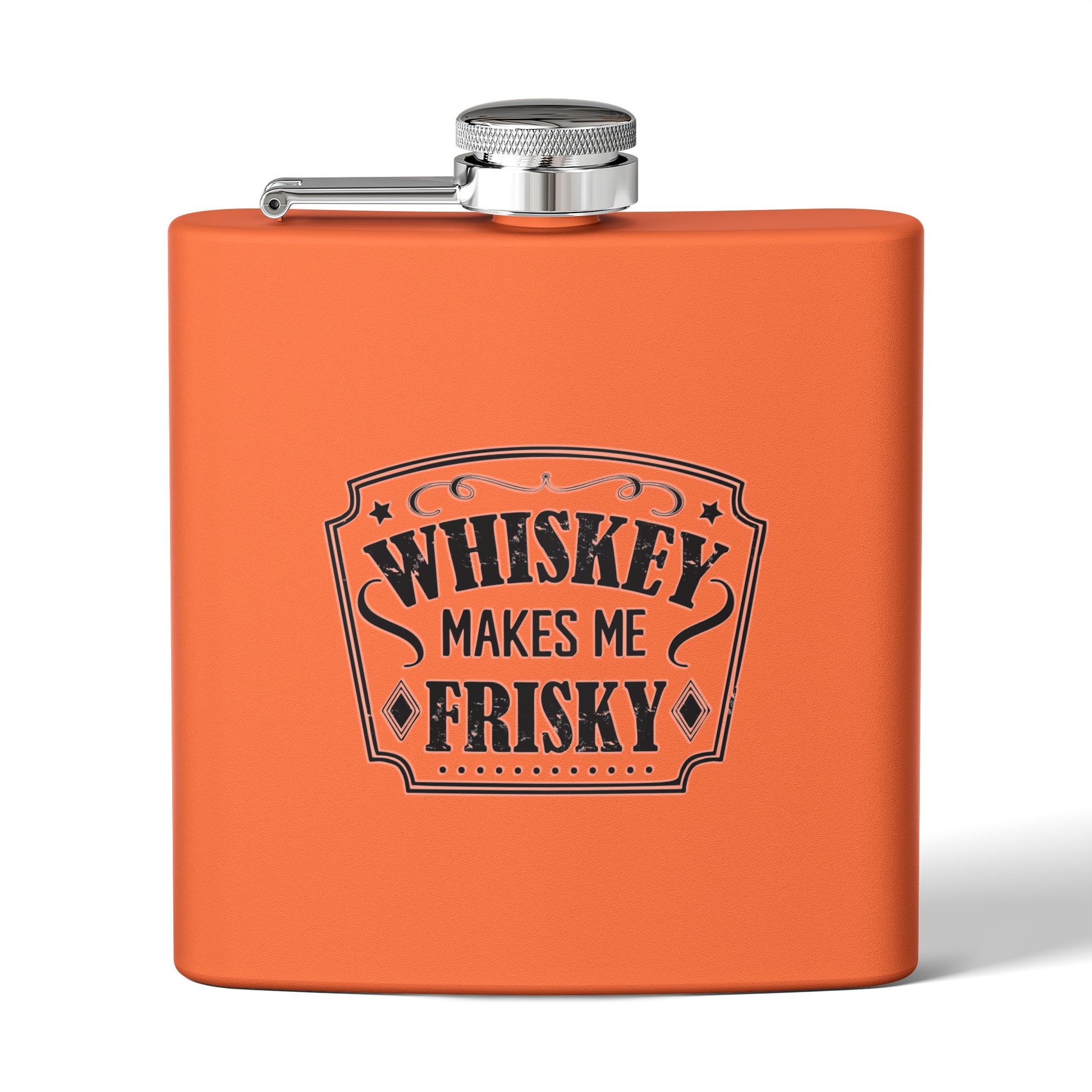 Whiskey Flask Gift for Wedding Party - 6oz Stainless Steel Flask with 'Whiskey Makes Me Frisky' Design - aMOOsing Designs
