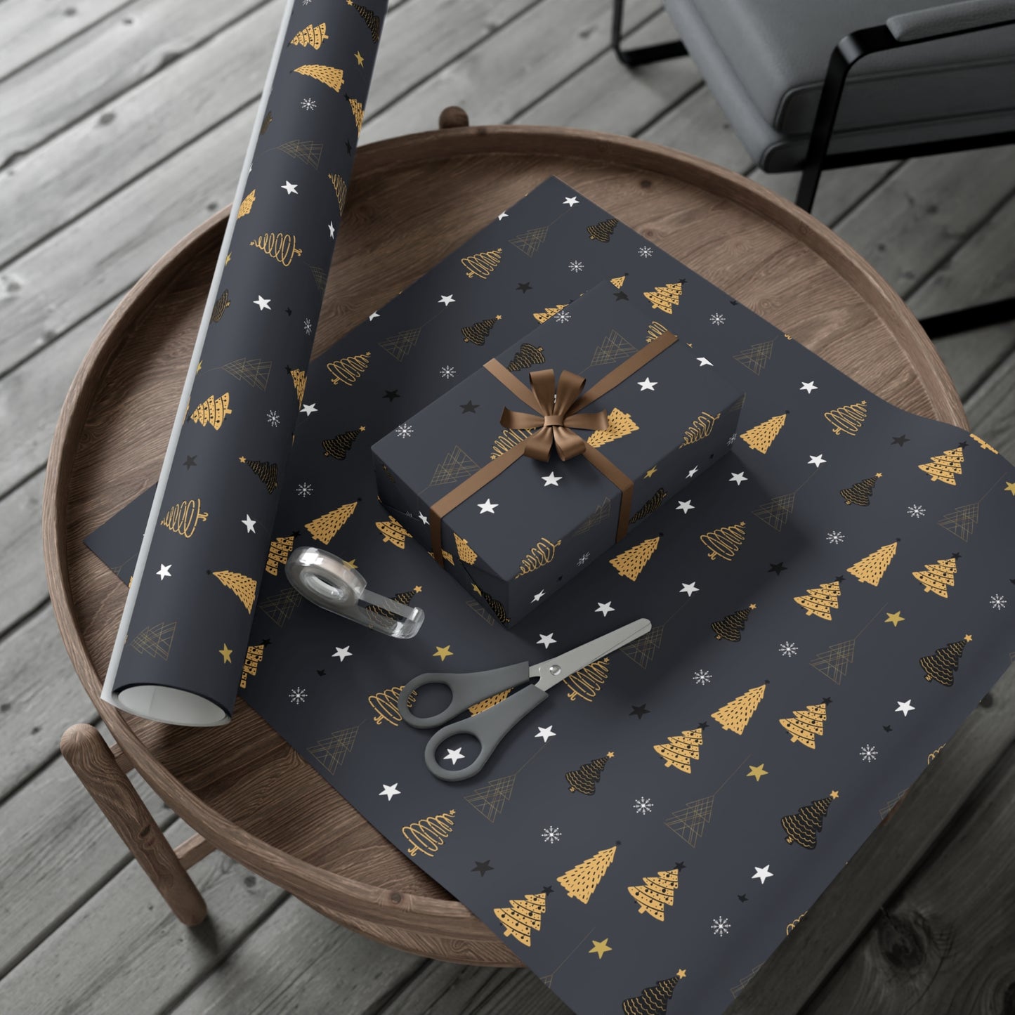 Elegant Black & Gold Holiday Gift Wrap Paper - Christmas Tree & Star Design - aMOOsing Designs