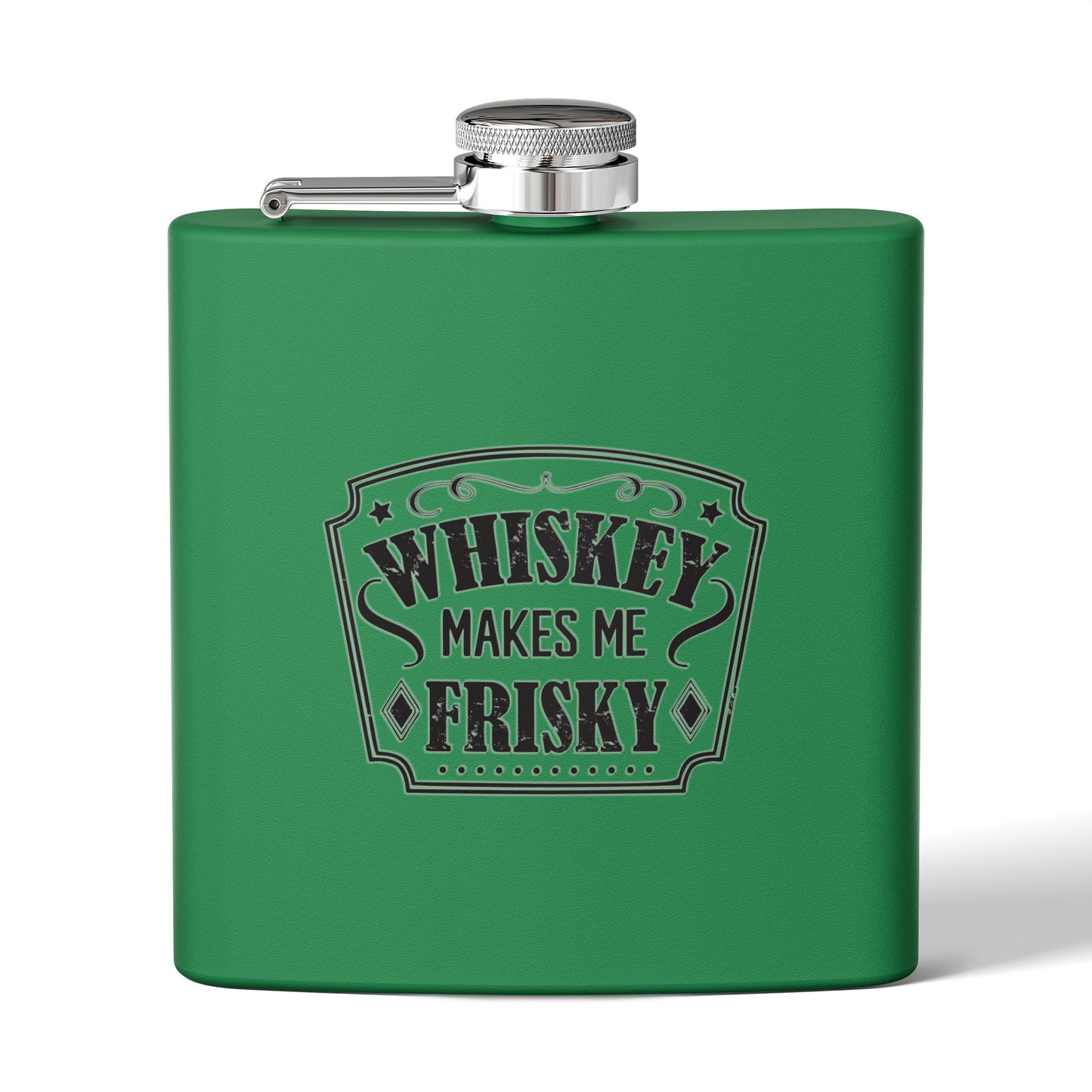Whiskey Flask Gift for Wedding Party - 6oz Stainless Steel Flask with 'Whiskey Makes Me Frisky' Design - aMOOsing Designs