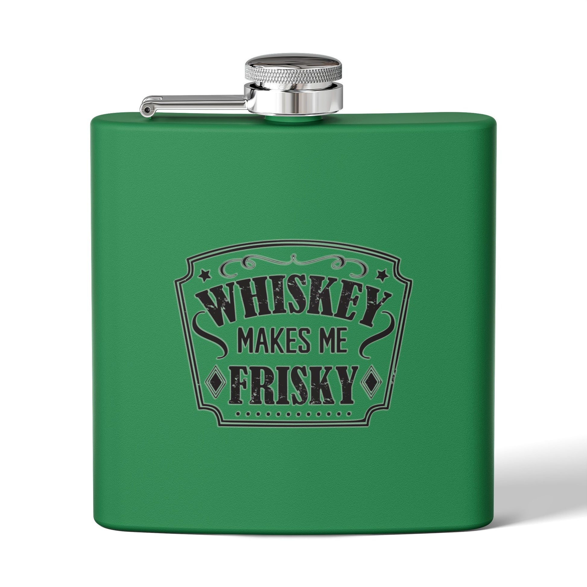 Whiskey Flask Gift for Wedding Party - 6oz Stainless Steel Flask with 'Whiskey Makes Me Frisky' Design - aMOOsing Designs