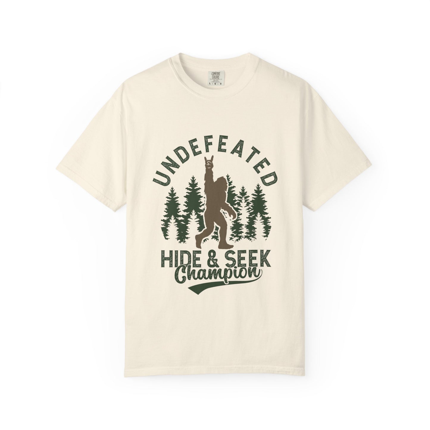 Undefeated Hide & Seek Champion T-shirt, Funny Outdoor Adventure Tee, Nature Lover Gift, Big Foot Shirt, Unisex Garment-Dyed, Adventure