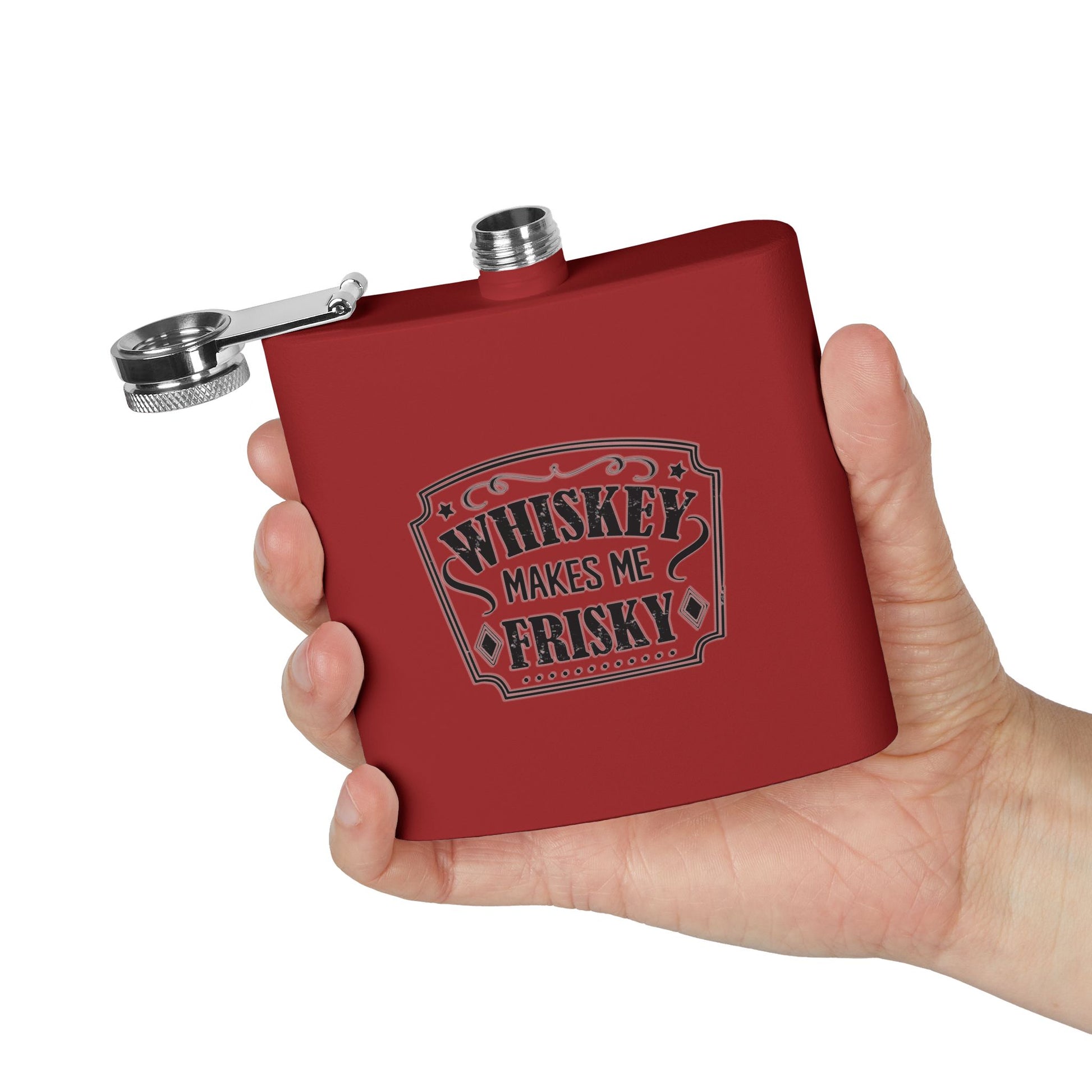 Whiskey Flask Gift for Wedding Party - 6oz Stainless Steel Flask with 'Whiskey Makes Me Frisky' Design - aMOOsing Designs