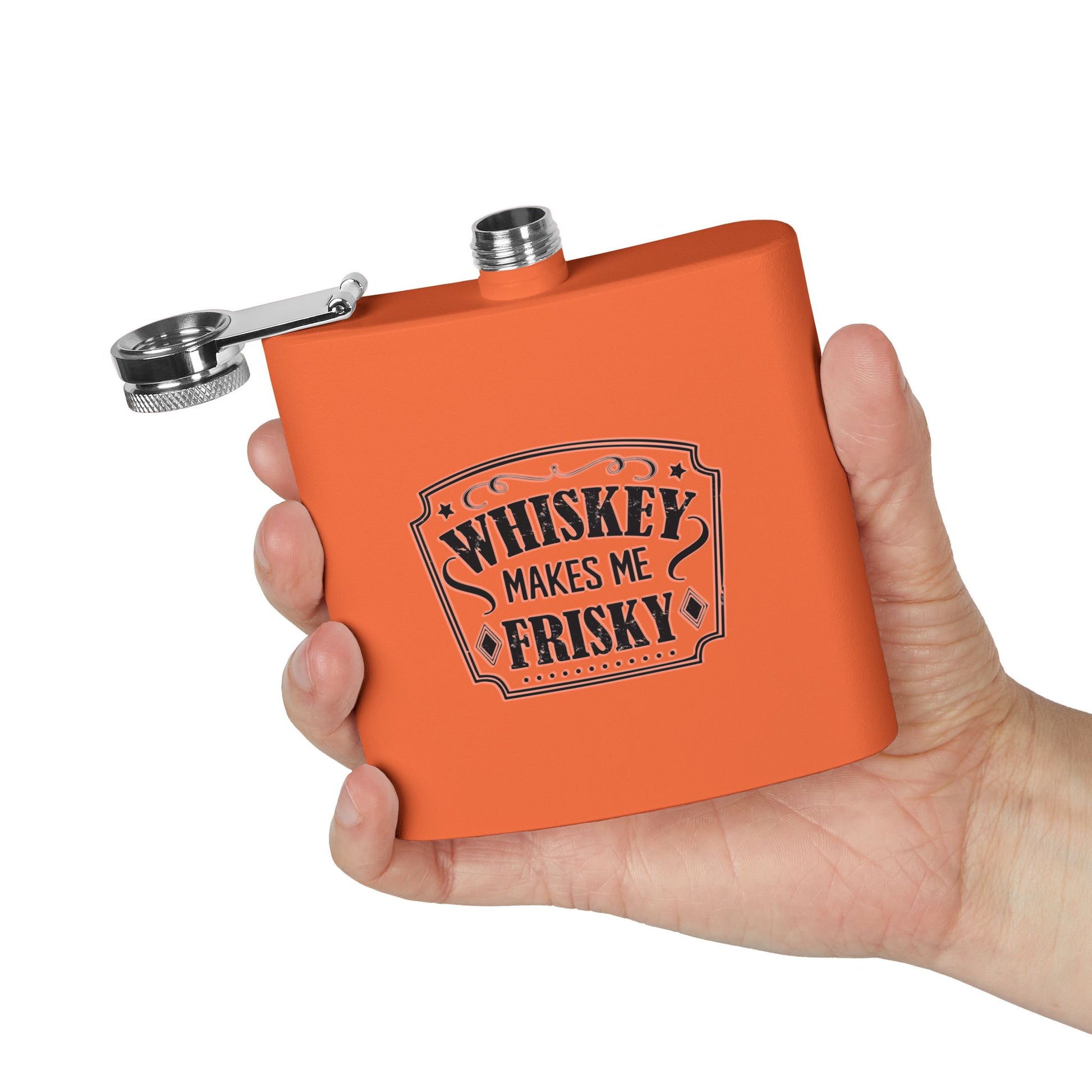 Whiskey Flask Gift for Wedding Party - 6oz Stainless Steel Flask with 'Whiskey Makes Me Frisky' Design - aMOOsing Designs