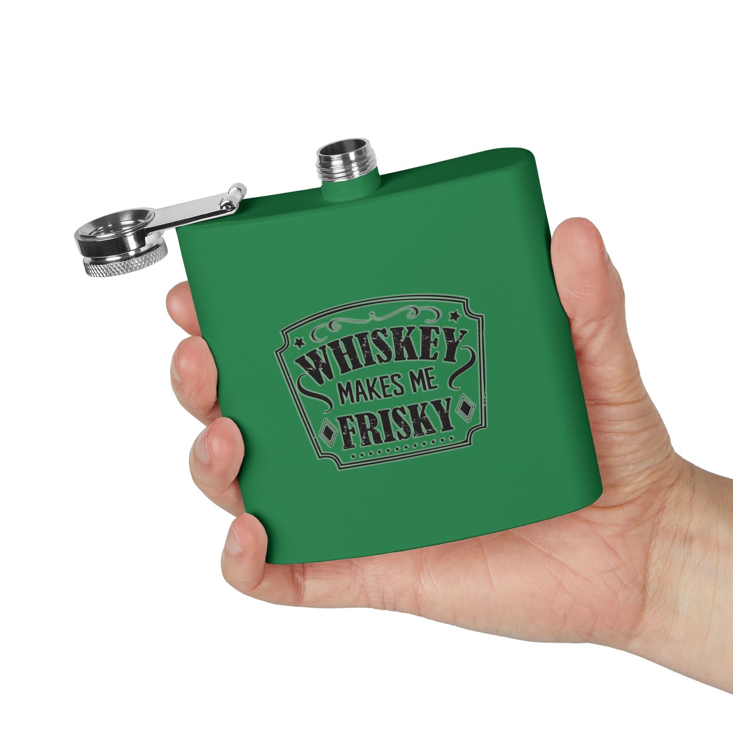 Whiskey Flask Gift for Wedding Party - 6oz Stainless Steel Flask with 'Whiskey Makes Me Frisky' Design - aMOOsing Designs