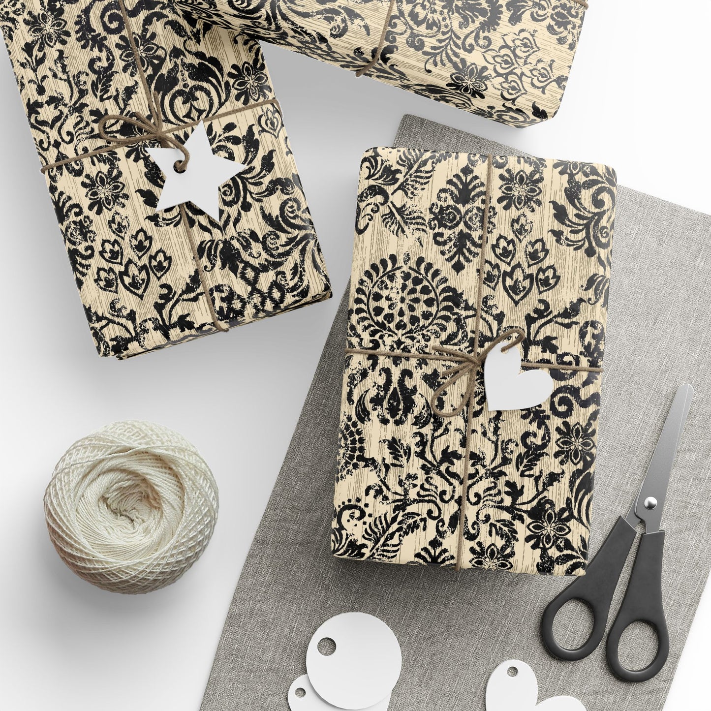 Elegant Vintage Black Damask Wrapping Paper Roll, Handmade Gift Wrap for Weddings, Birthdays, Holidays, Special Occasions, Eco-Friendly