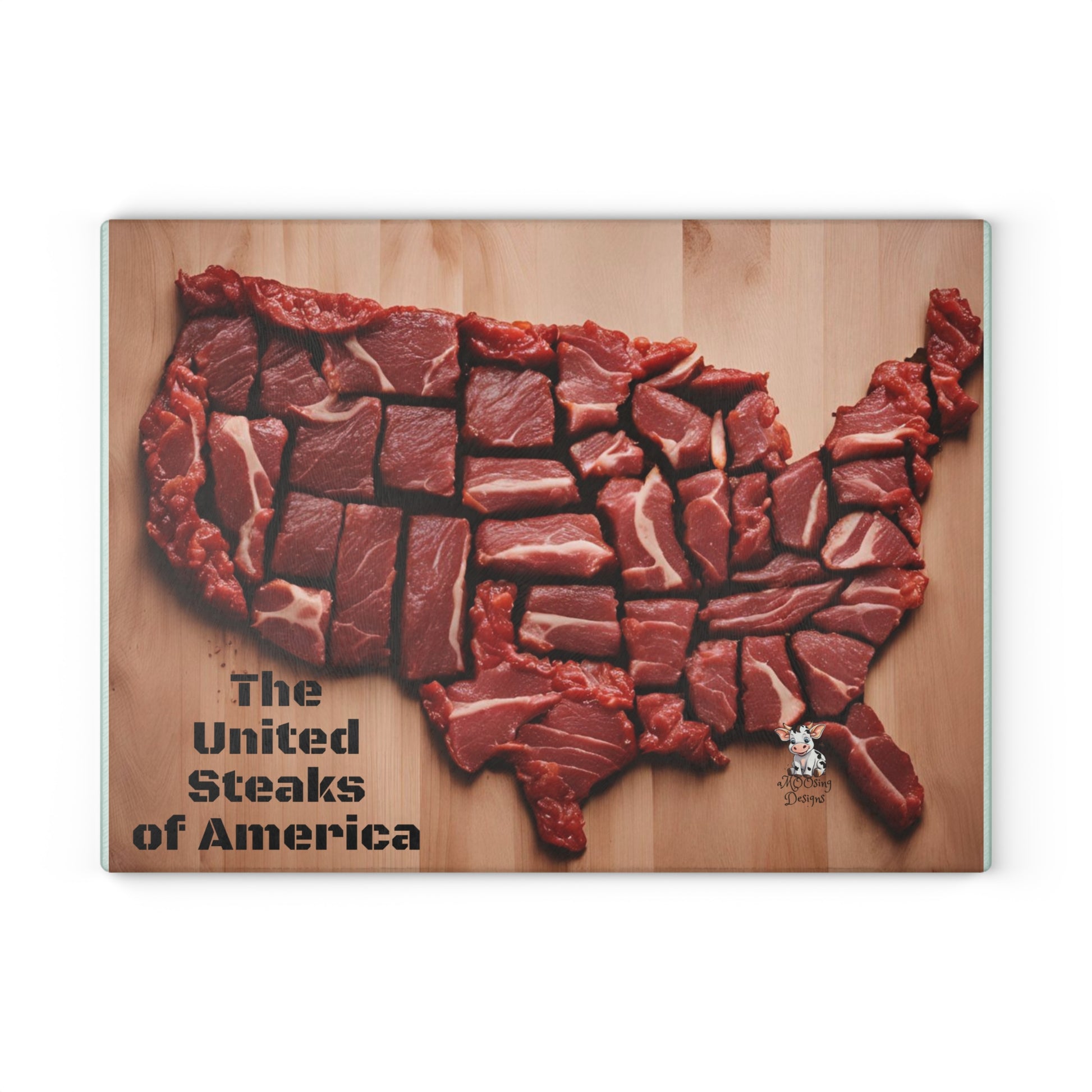 United Steaks of America Glass Cutting Board - Fun Culinary Gift for Meat Lovers - aMOOsing Designs