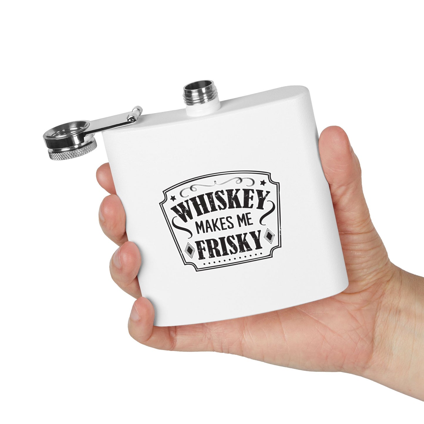 Whiskey Flask Gift for Wedding Party - 6oz Stainless Steel Flask with 'Whiskey Makes Me Frisky' Design - aMOOsing Designs