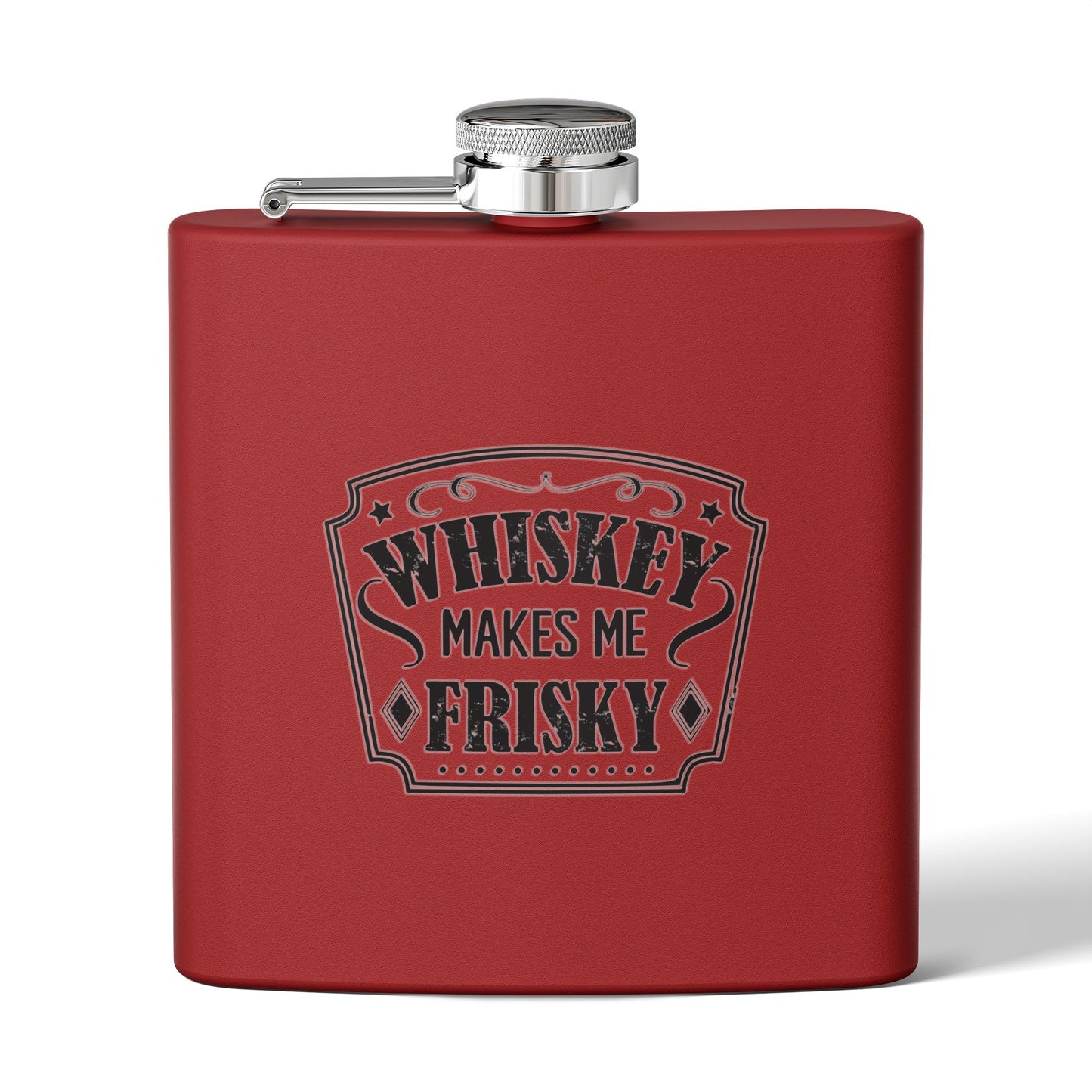 Whiskey Flask Gift for Wedding Party - 6oz Stainless Steel Flask with 'Whiskey Makes Me Frisky' Design - aMOOsing Designs