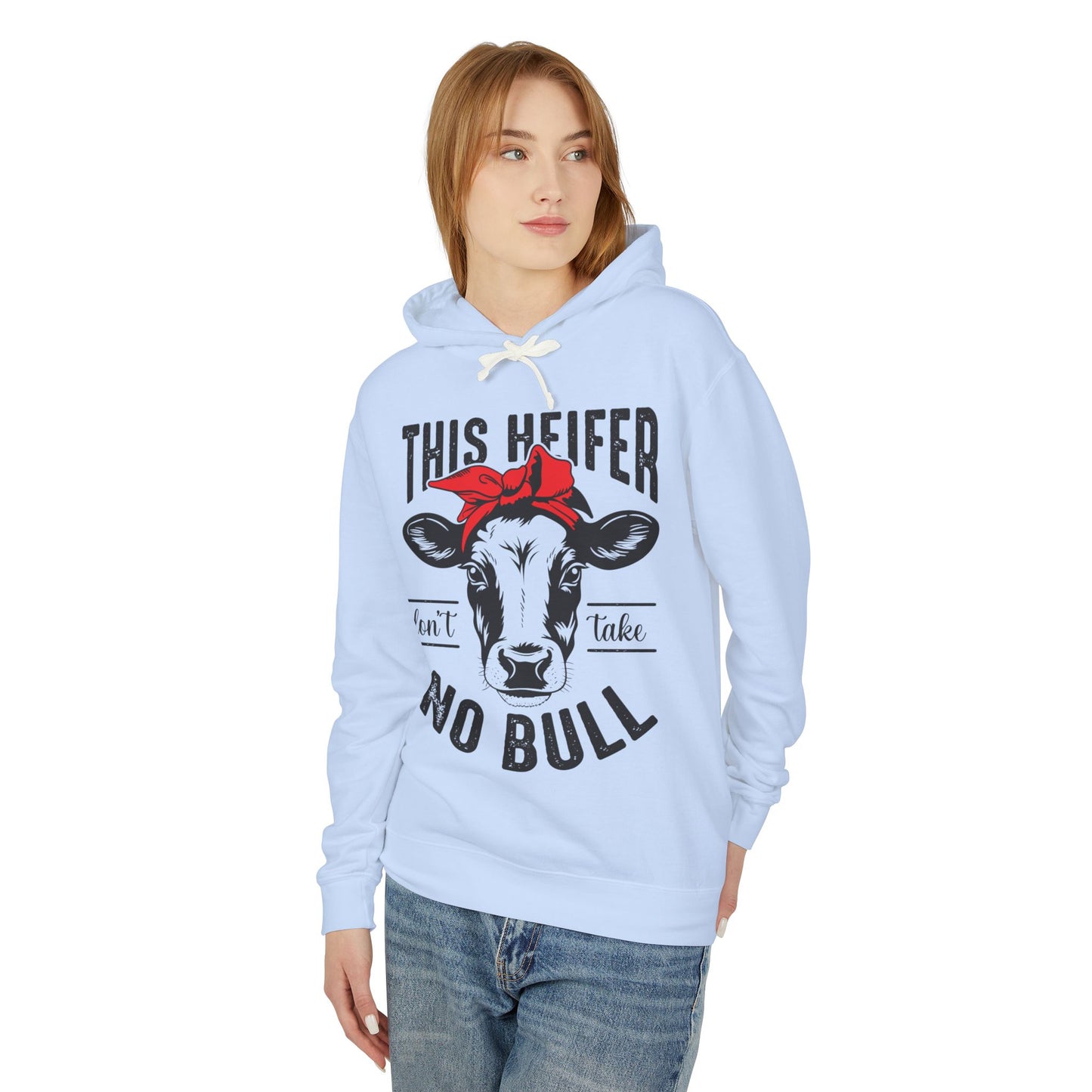Funny Cow Graphic Unisex Lightweight Hooded Sweatshirt - "This Heifer Don't Take No Bull" - aMOOsing Designs