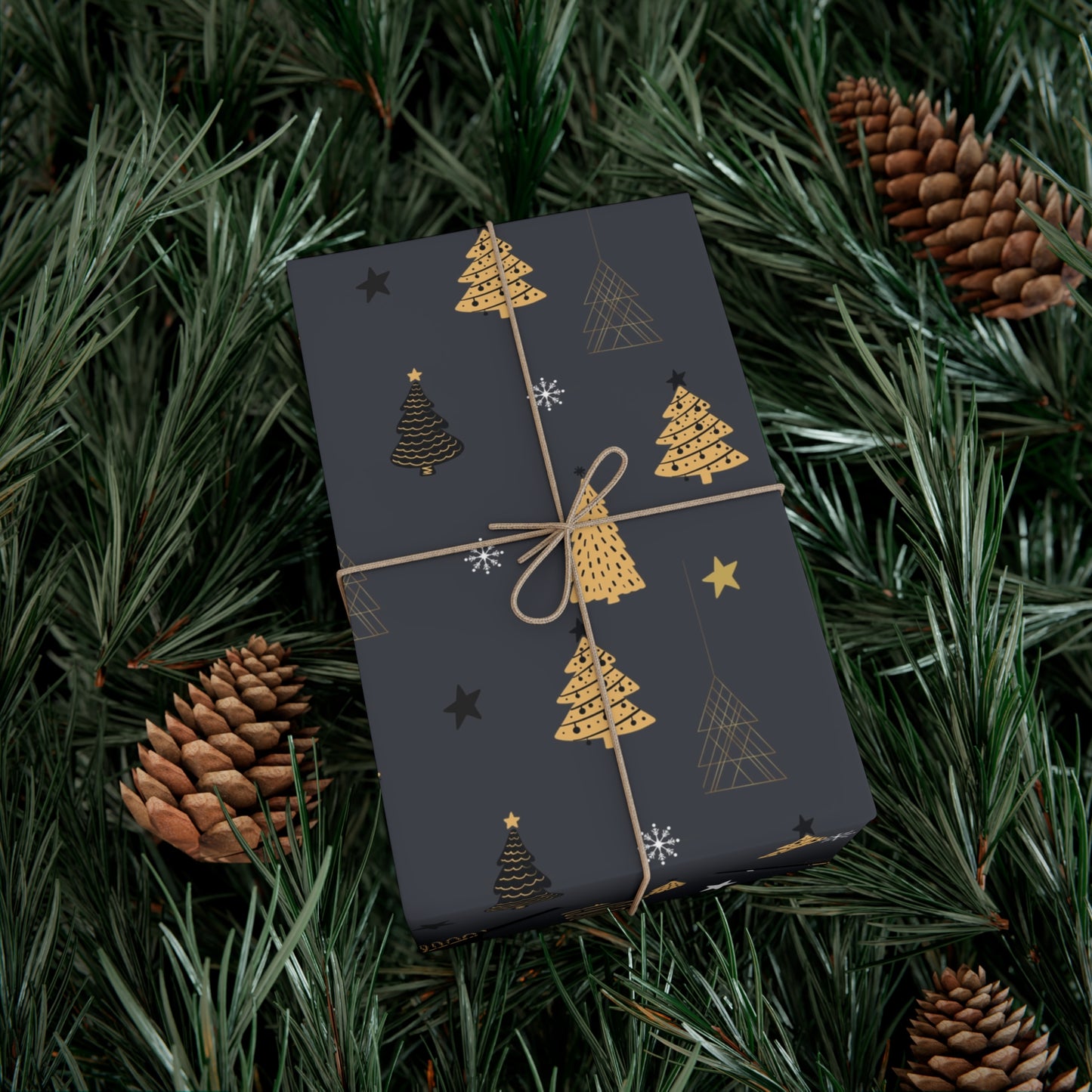 Elegant Black & Gold Holiday Gift Wrap Paper - Christmas Tree & Star Design - aMOOsing Designs