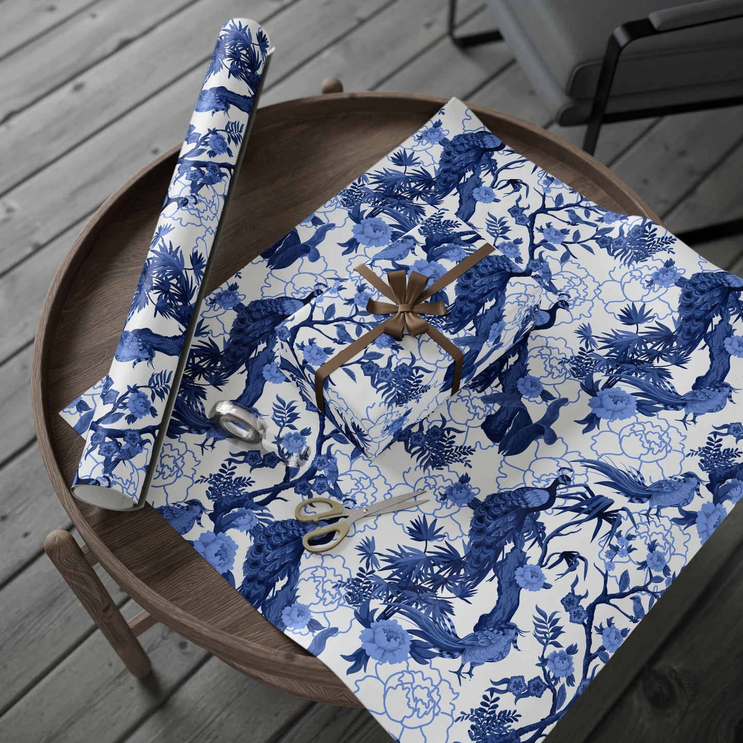 Elegant Floral Wrapping Paper Roll, Gift Wrap for Any Occasion, Blue and White Botanical Design, Holiday and Birthday Gift