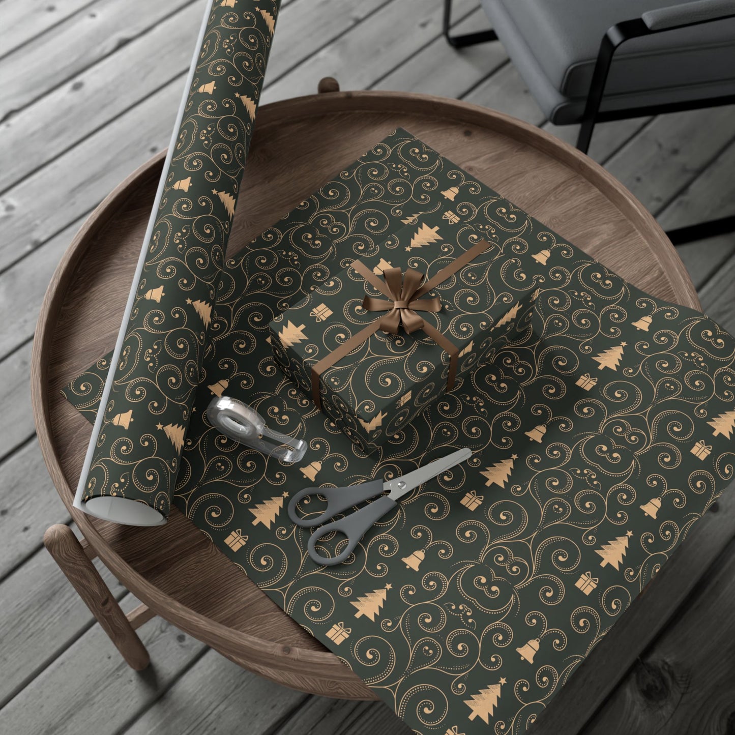 Christmas Tree & Bell Pattern Gift Wrap Paper — Elegant Dark Green Holiday Wrapping