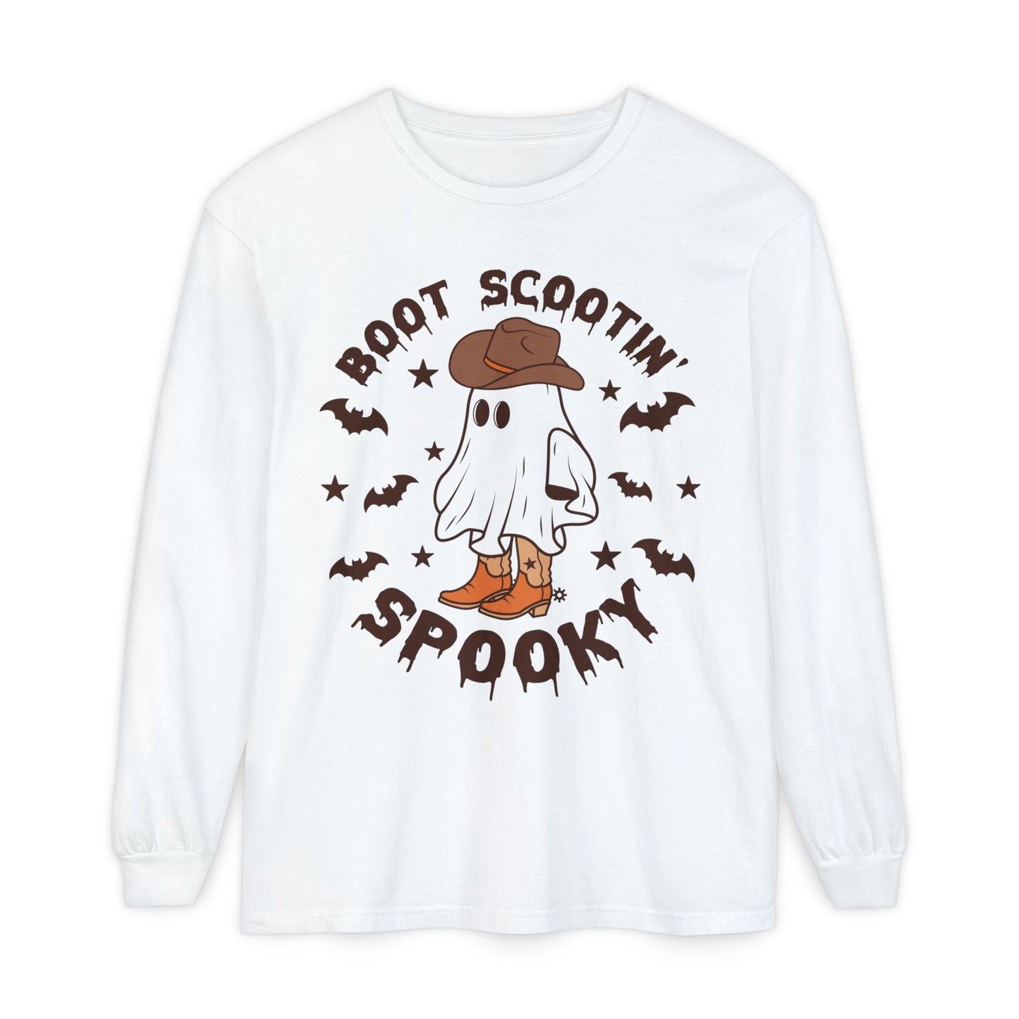 Boot Scootin Spooky Ghost Long Sleeve T-Shirt, Halloween Apparel, Unisex Tee, Fall Fashion, Casual Comfort Wear, Ghostly Fun