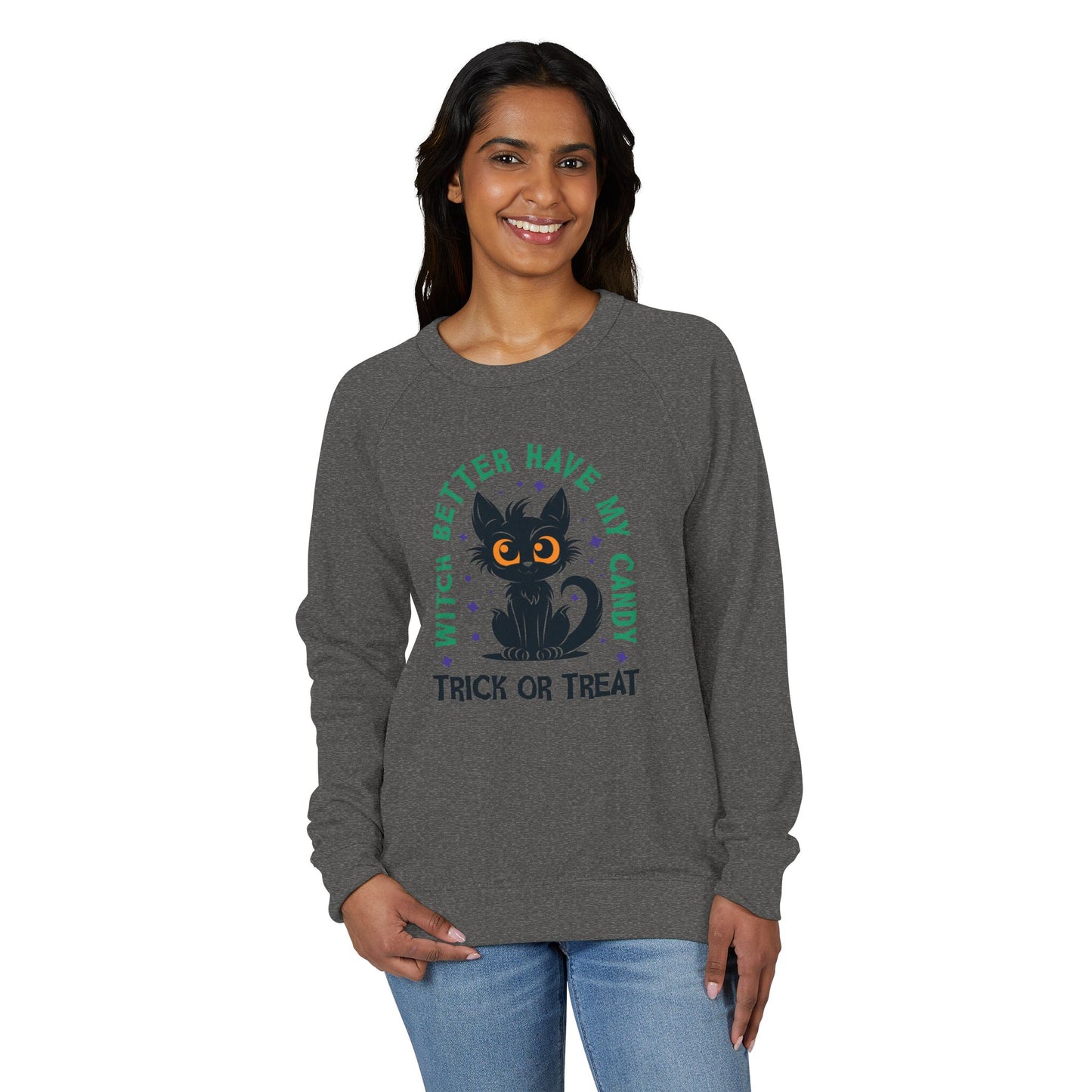 Halloween Cat Crewneck Sweatshirt, Unisex Trick or Treat Apparel, Spooky Season Fashion, Gift for Cat Lovers, Cozy Fall Sweater