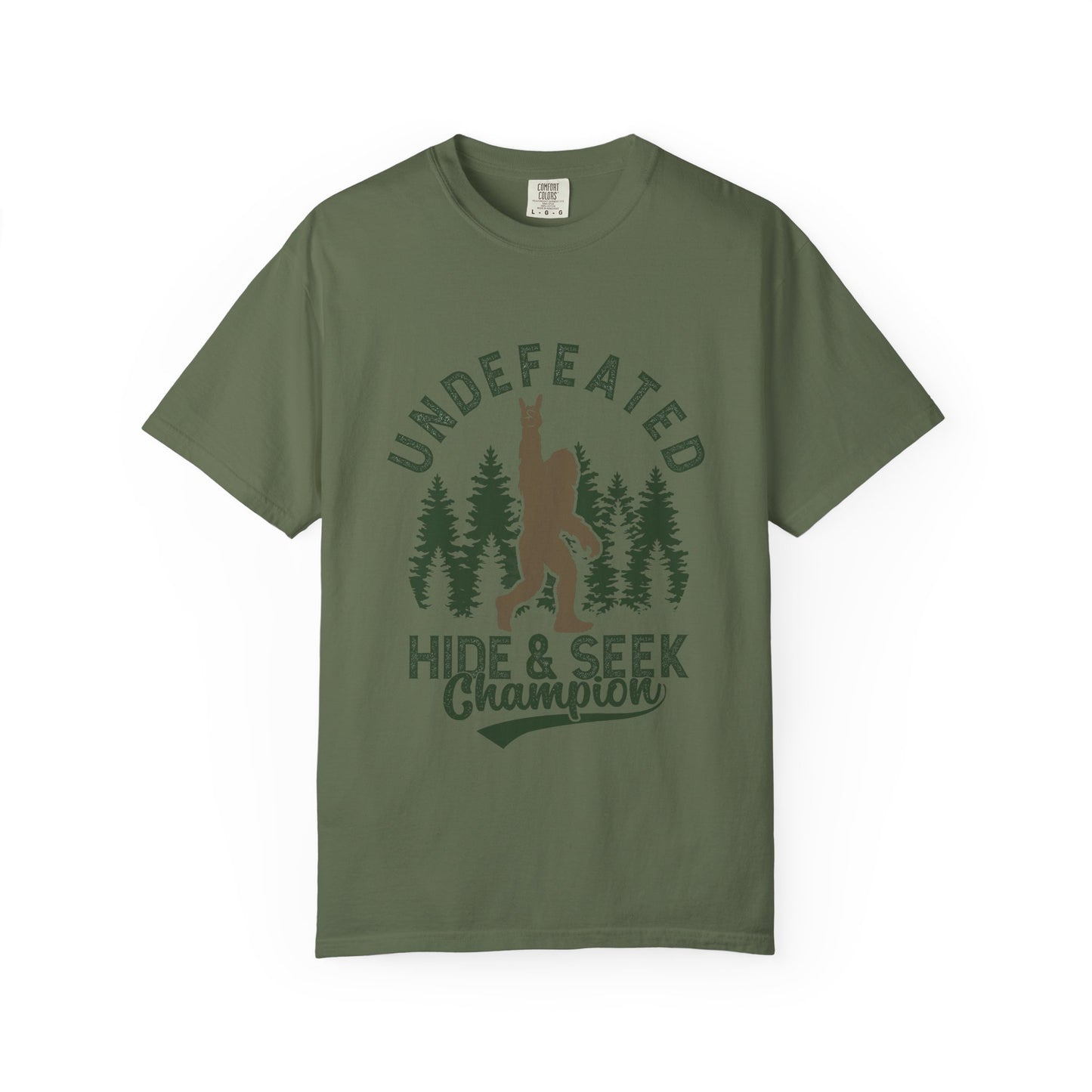 Undefeated Hide & Seek Champion T-shirt, Funny Outdoor Adventure Tee, Nature Lover Gift, Big Foot Shirt, Unisex Garment-Dyed, Adventure