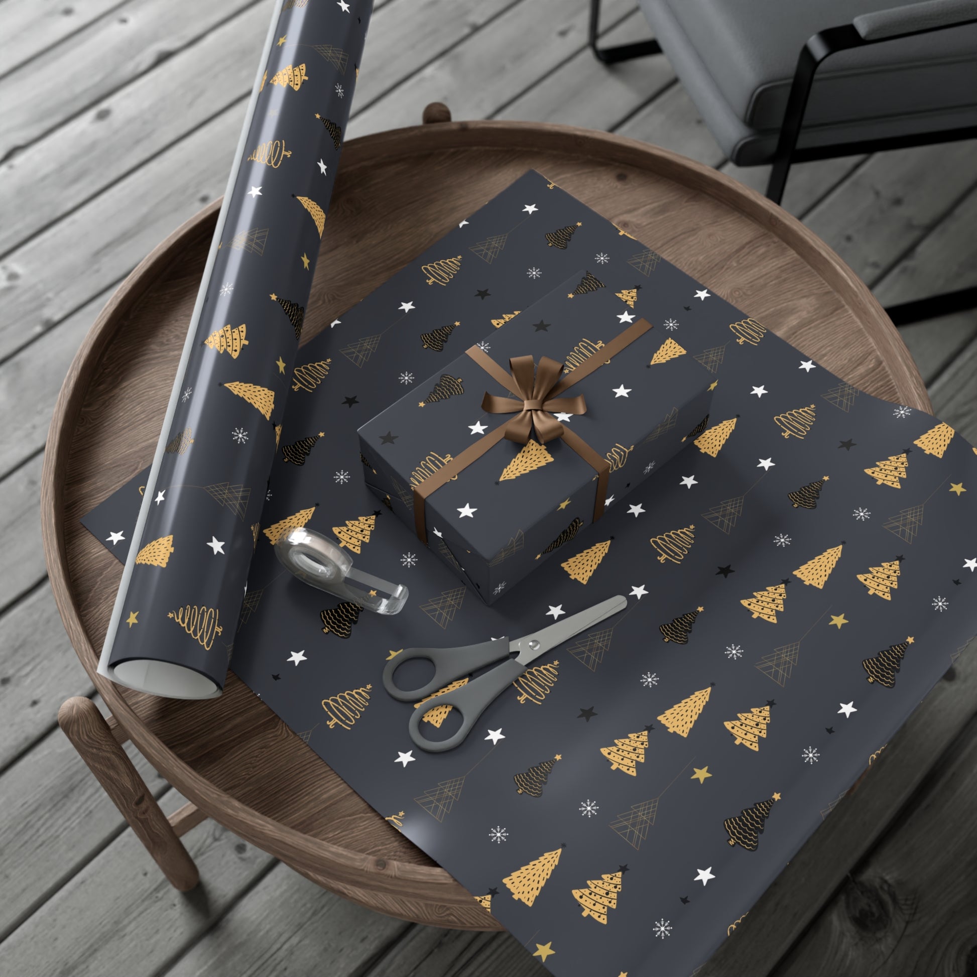 Elegant Black & Gold Holiday Gift Wrap Paper - Christmas Tree & Star Design - aMOOsing Designs
