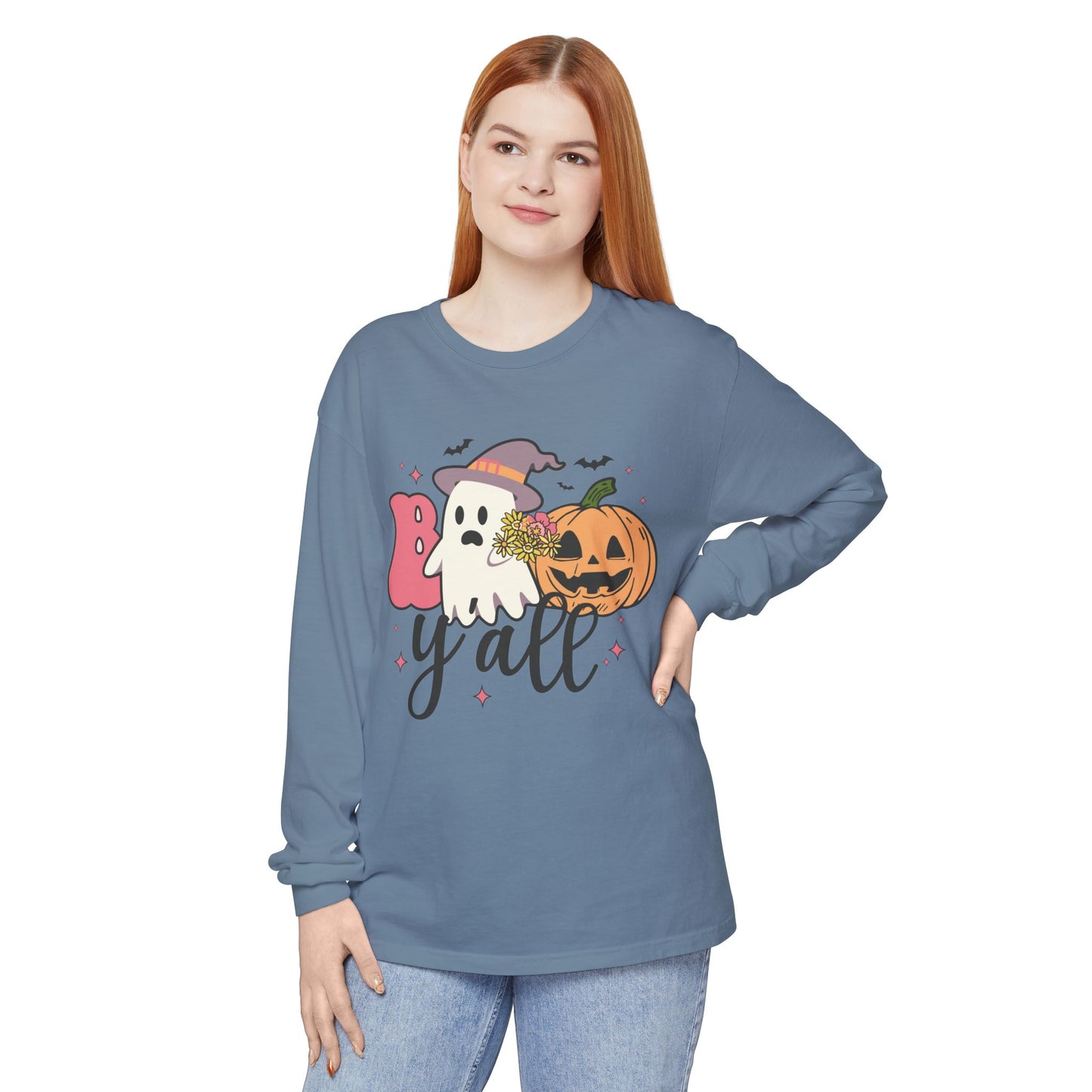 BOO Y'all Halloween Long Sleeve Tee, Cozy Fall Shirt, Unisex Ghost T-Shirt, Pumpkin Graphic Top, Perfect for Halloween Parties
