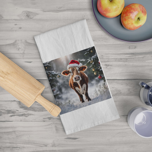 Festive Cow Christmas Tea Towel - Holiday Kitchen Decor - aMOOsing Designs