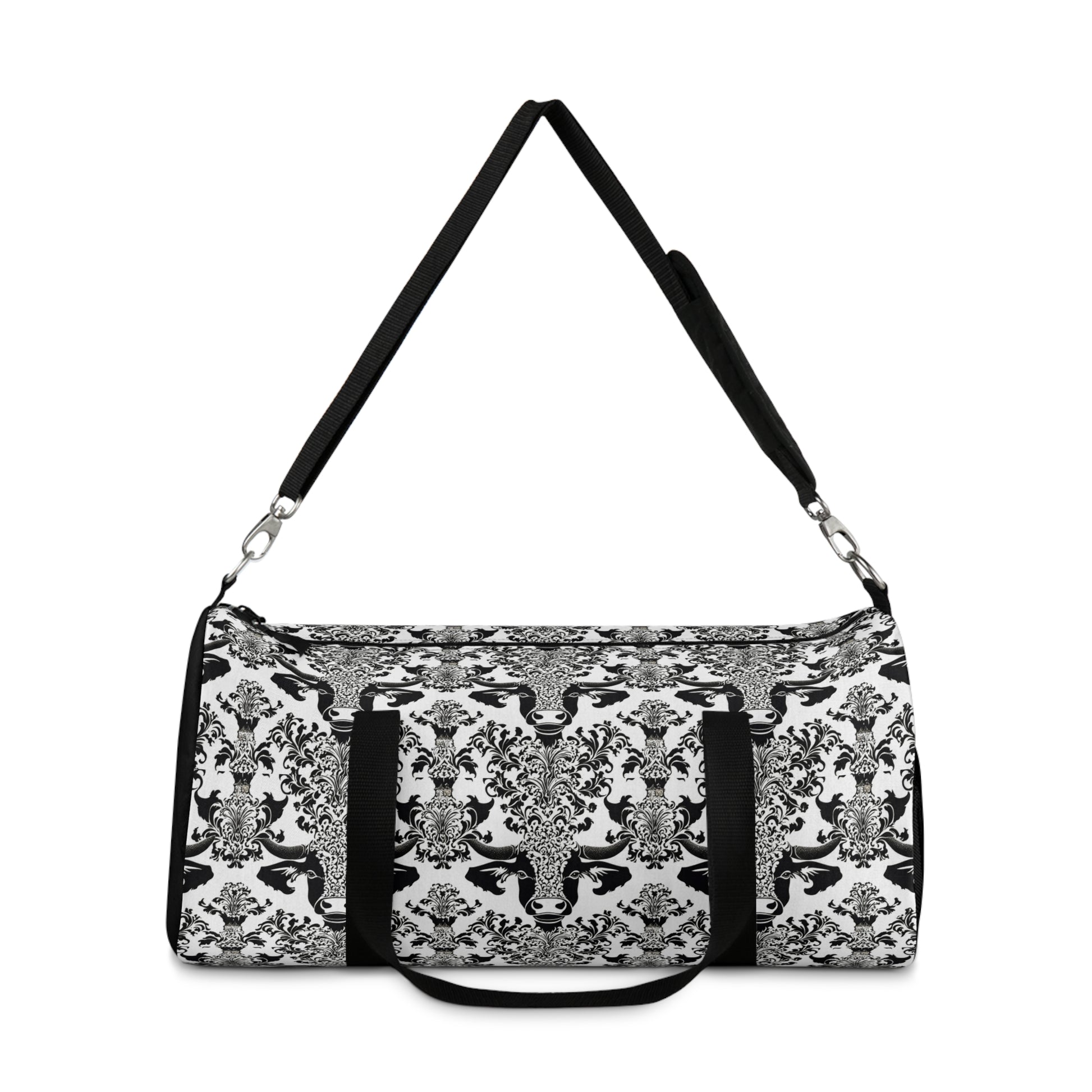 "daMOOsk"- Cow Damask Pattern- Duffel Bag - aMOOsing Designs