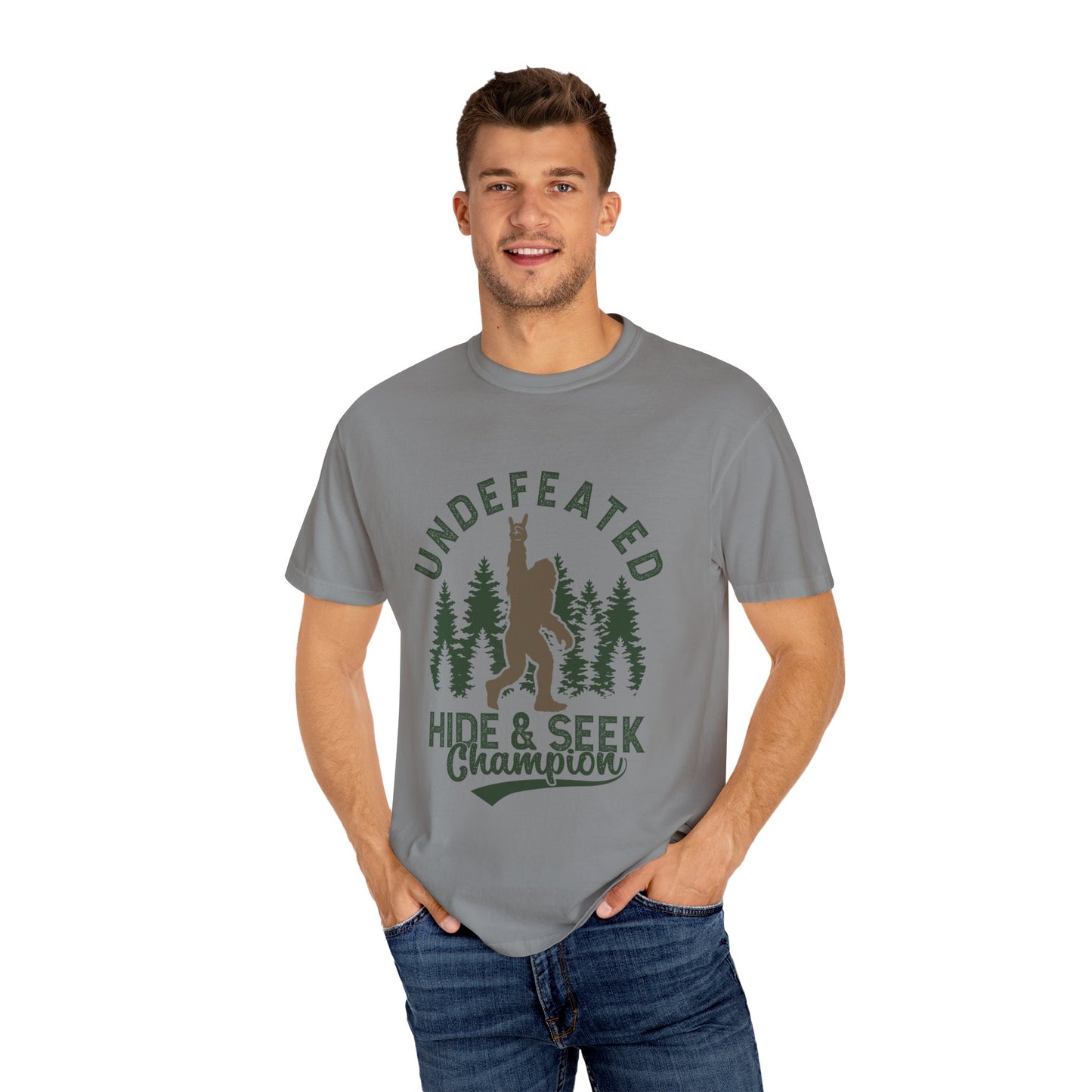 Undefeated Hide & Seek Champion T-shirt, Funny Outdoor Adventure Tee, Nature Lover Gift, Big Foot Shirt, Unisex Garment-Dyed, Adventure
