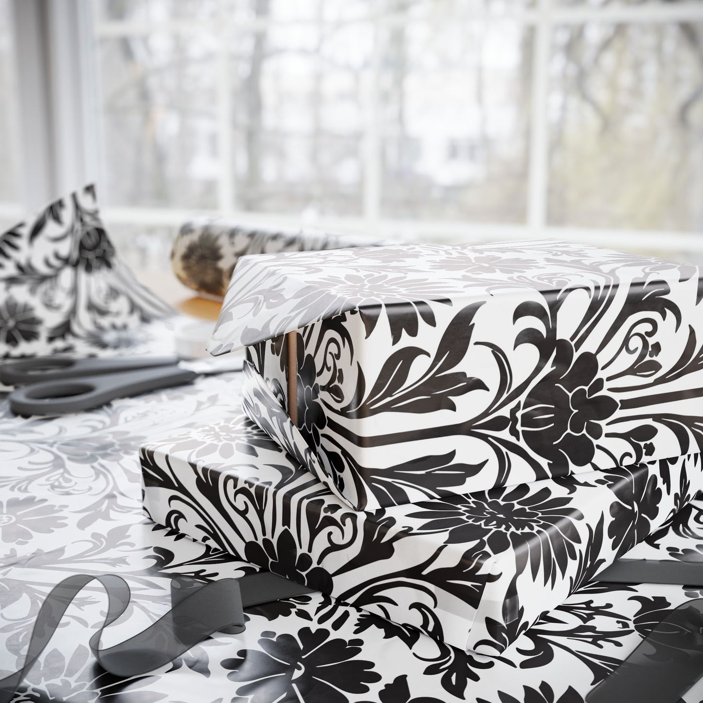 Elegant Floral Wrapping Paper - Black & White Gift Wrap Perfect for Weddings, Anniversaries and Other Romantic Occasions