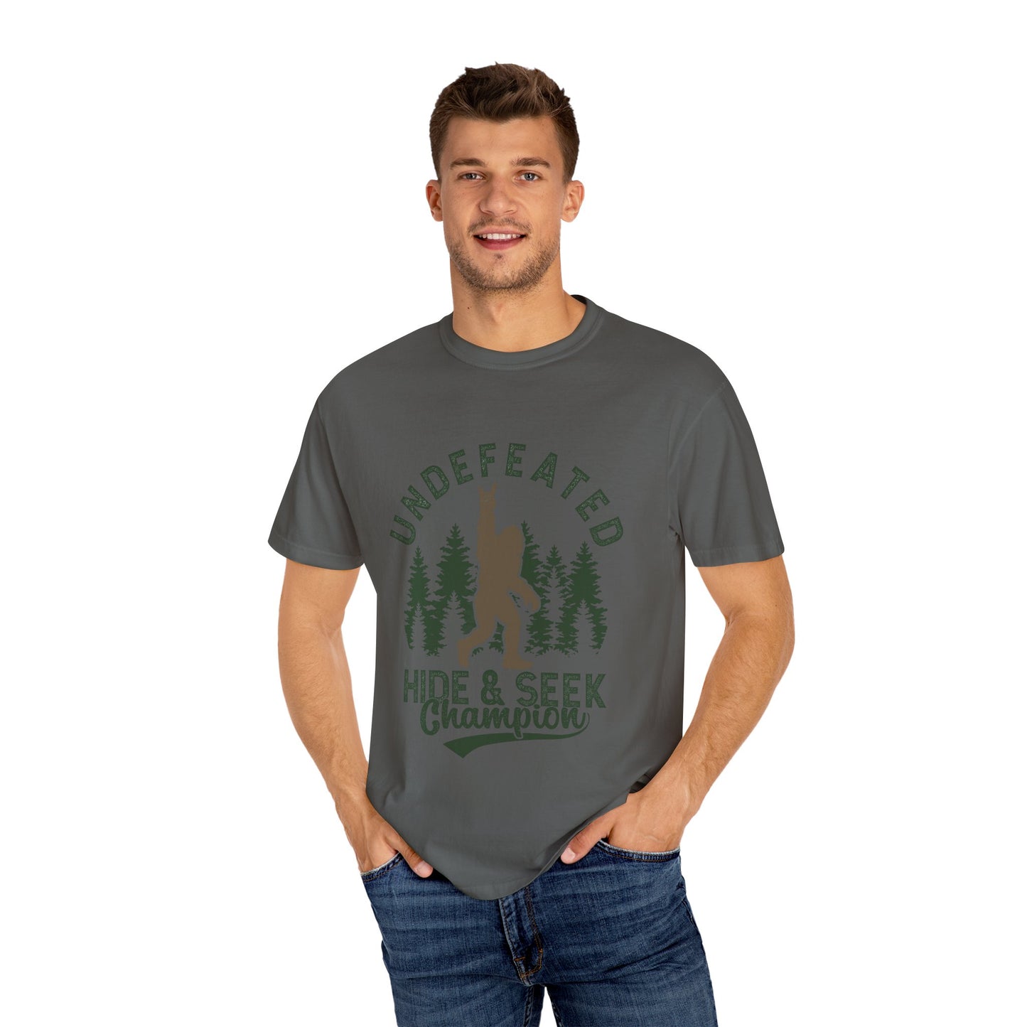 Undefeated Hide & Seek Champion T-shirt, Funny Outdoor Adventure Tee, Nature Lover Gift, Big Foot Shirt, Unisex Garment-Dyed, Adventure