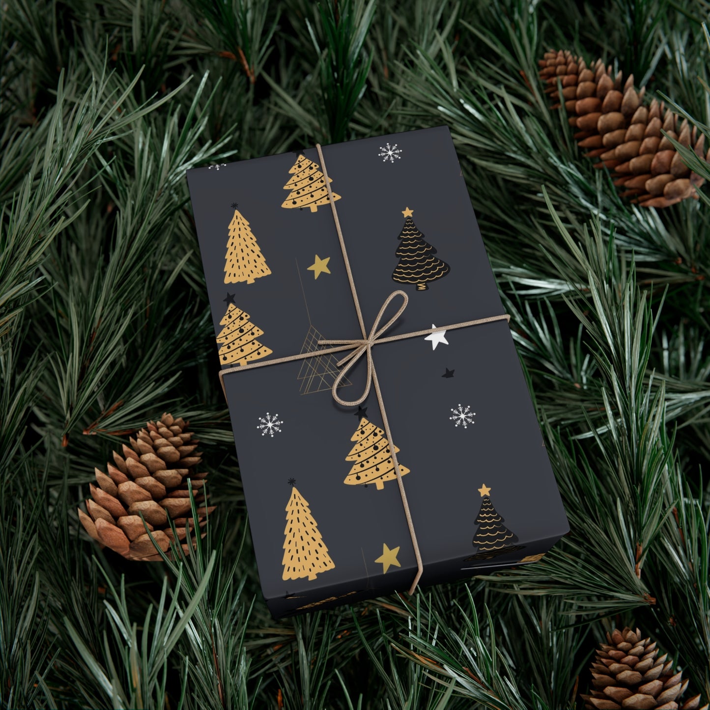 Elegant Black & Gold Holiday Gift Wrap Paper - Christmas Tree & Star Design - aMOOsing Designs