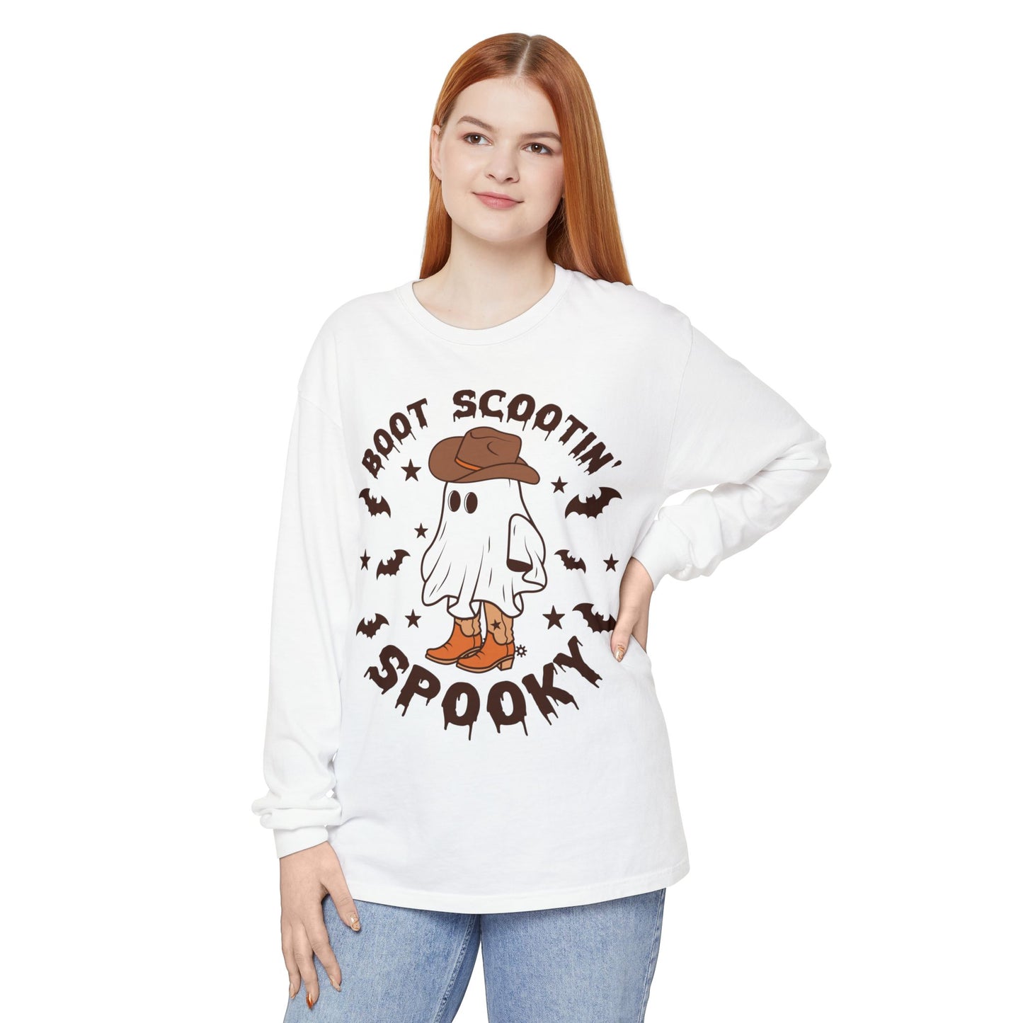 Boot Scootin Spooky Ghost Long Sleeve T-Shirt, Halloween Apparel, Unisex Tee, Fall Fashion, Casual Comfort Wear, Ghostly Fun