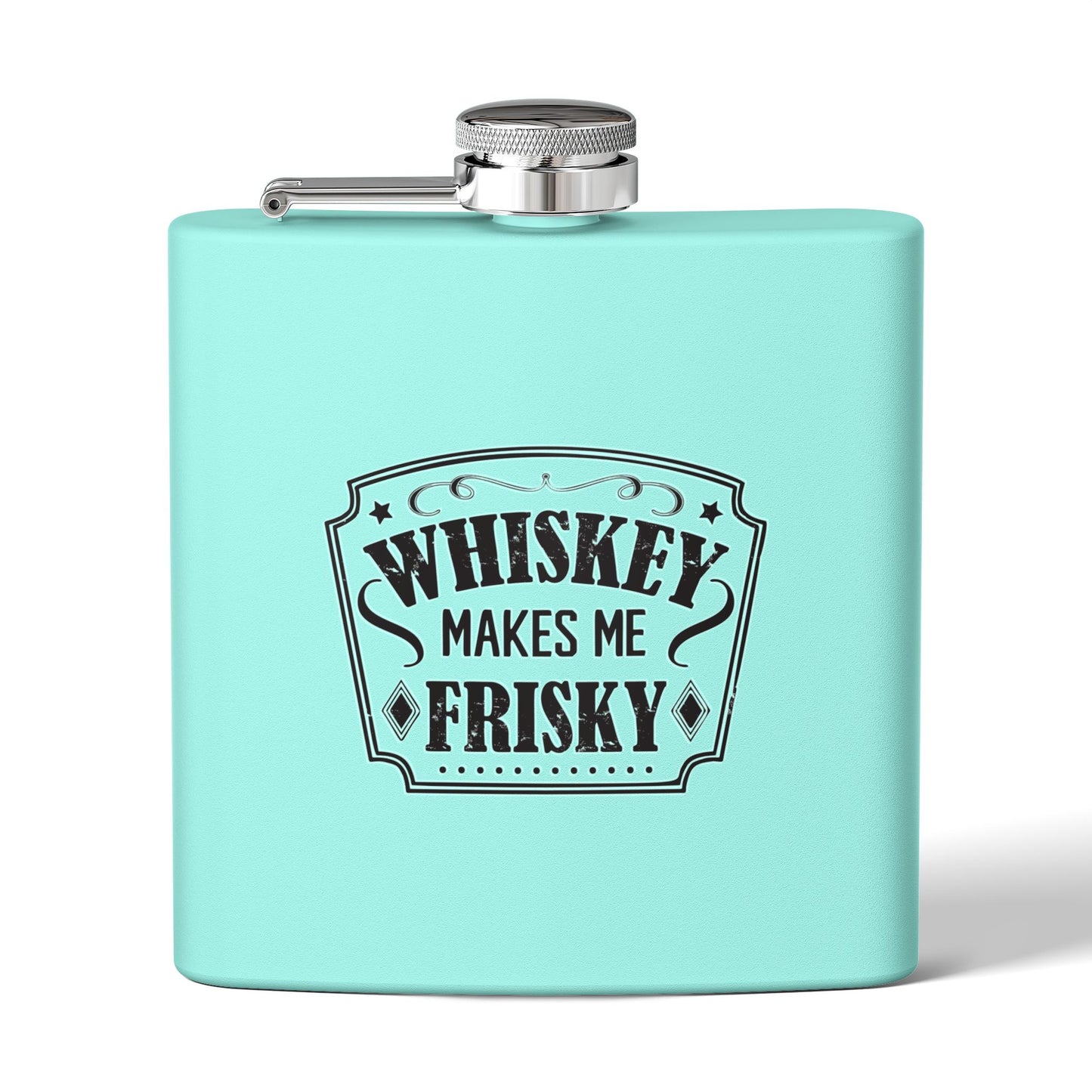 Whiskey Flask Gift for Wedding Party - 6oz Stainless Steel Flask with 'Whiskey Makes Me Frisky' Design - aMOOsing Designs