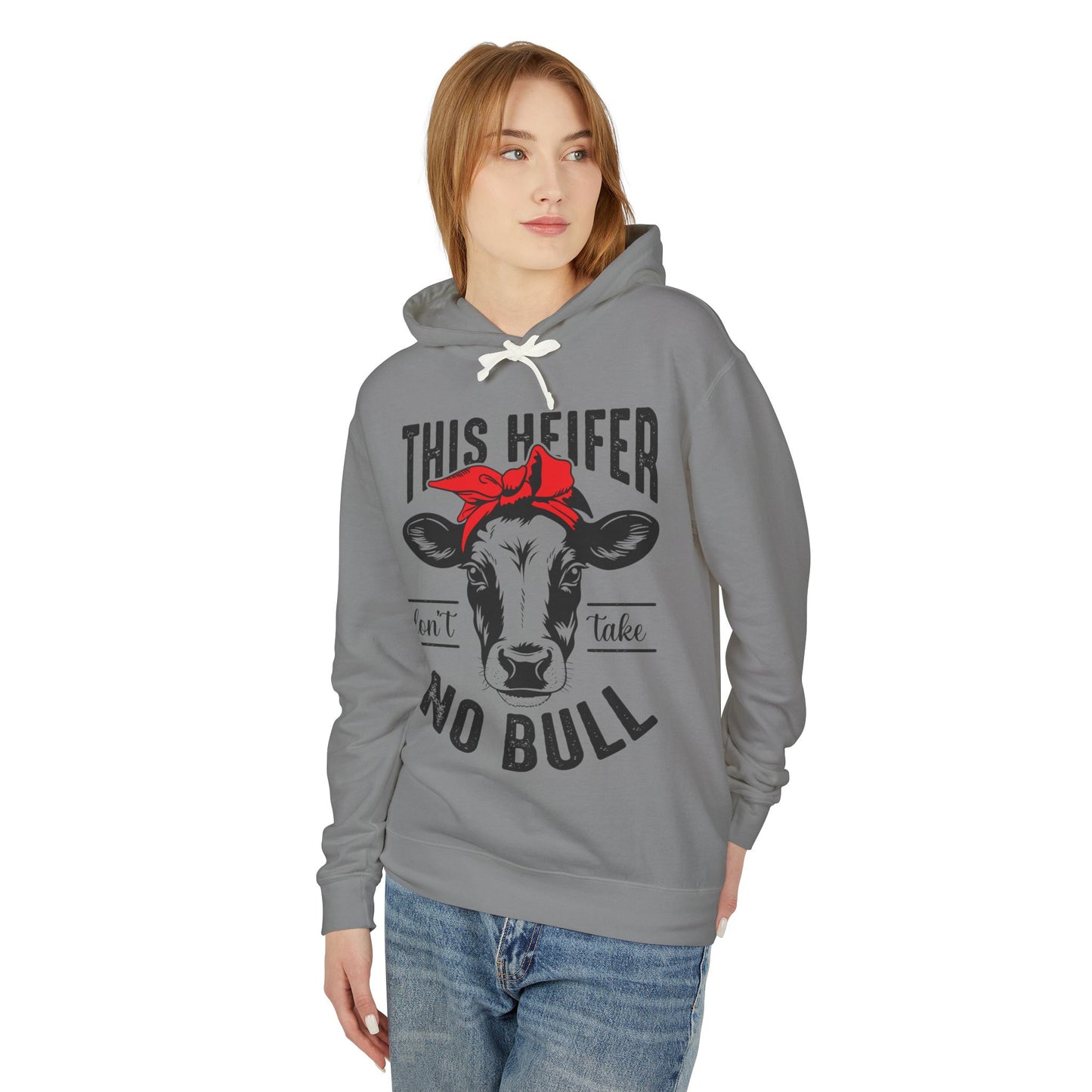 Funny Cow Graphic Unisex Lightweight Hooded Sweatshirt - "This Heifer Don't Take No Bull" - aMOOsing Designs