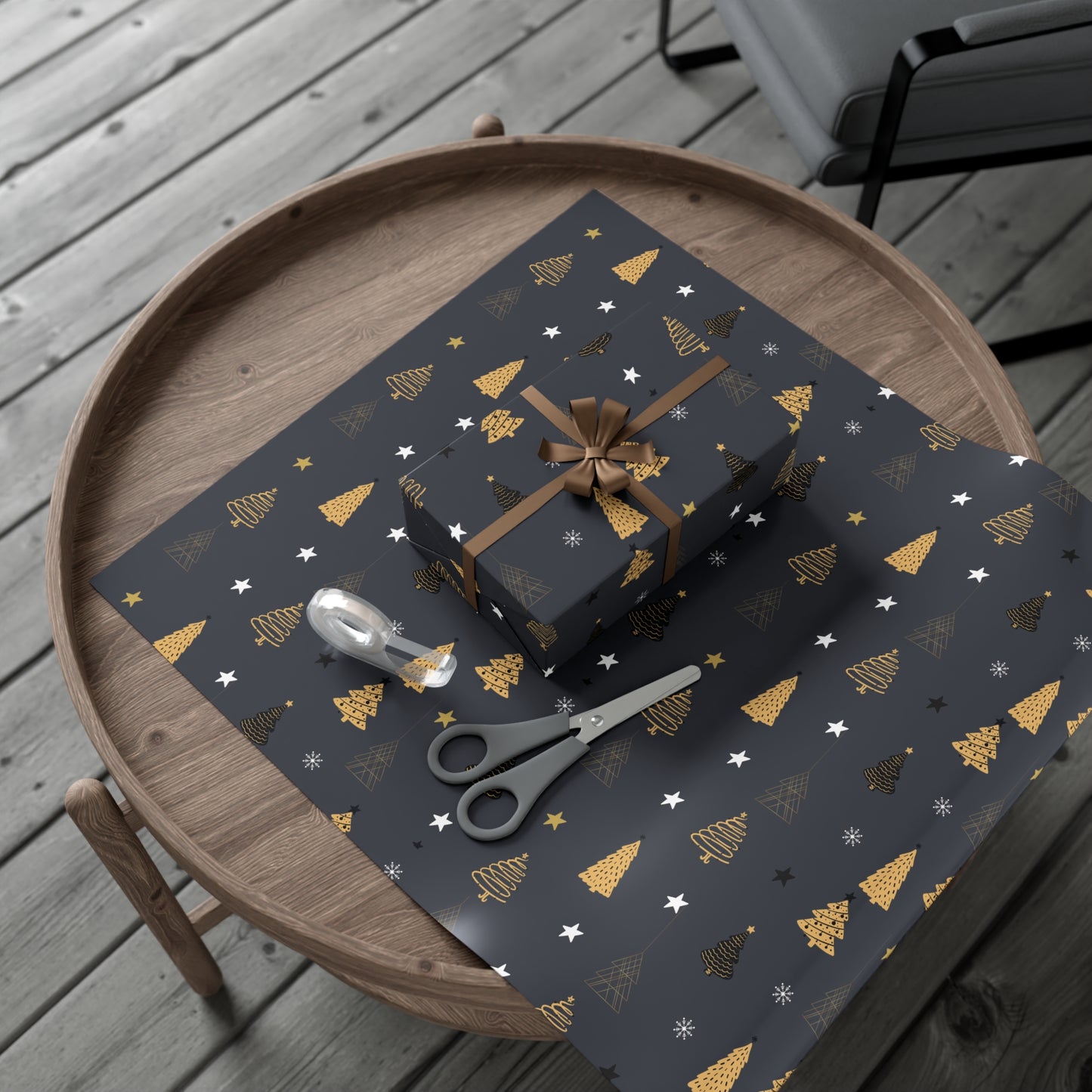 Elegant Black & Gold Holiday Gift Wrap Paper - Christmas Tree & Star Design - aMOOsing Designs
