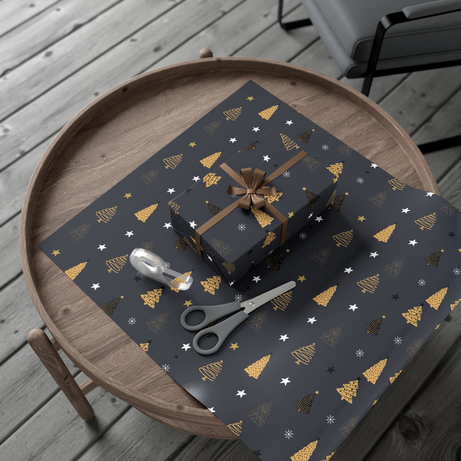 Elegant Black & Gold Holiday Gift Wrap Paper - Christmas Tree & Star Design - aMOOsing Designs