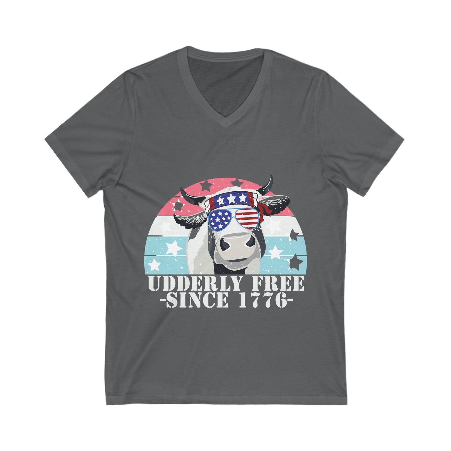 Patriotic Cow V-Neck Tee - Udderly Free Since 1776 - aMOOsing Designs