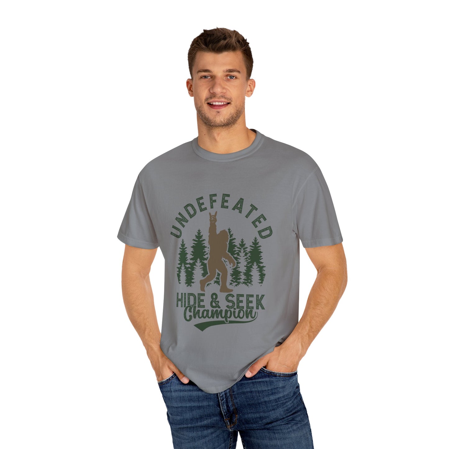 Undefeated Hide & Seek Champion T-shirt, Funny Outdoor Adventure Tee, Nature Lover Gift, Big Foot Shirt, Unisex Garment-Dyed, Adventure