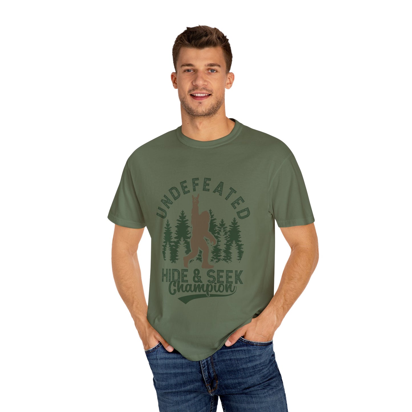 Undefeated Hide & Seek Champion T-shirt, Funny Outdoor Adventure Tee, Nature Lover Gift, Big Foot Shirt, Unisex Garment-Dyed, Adventure