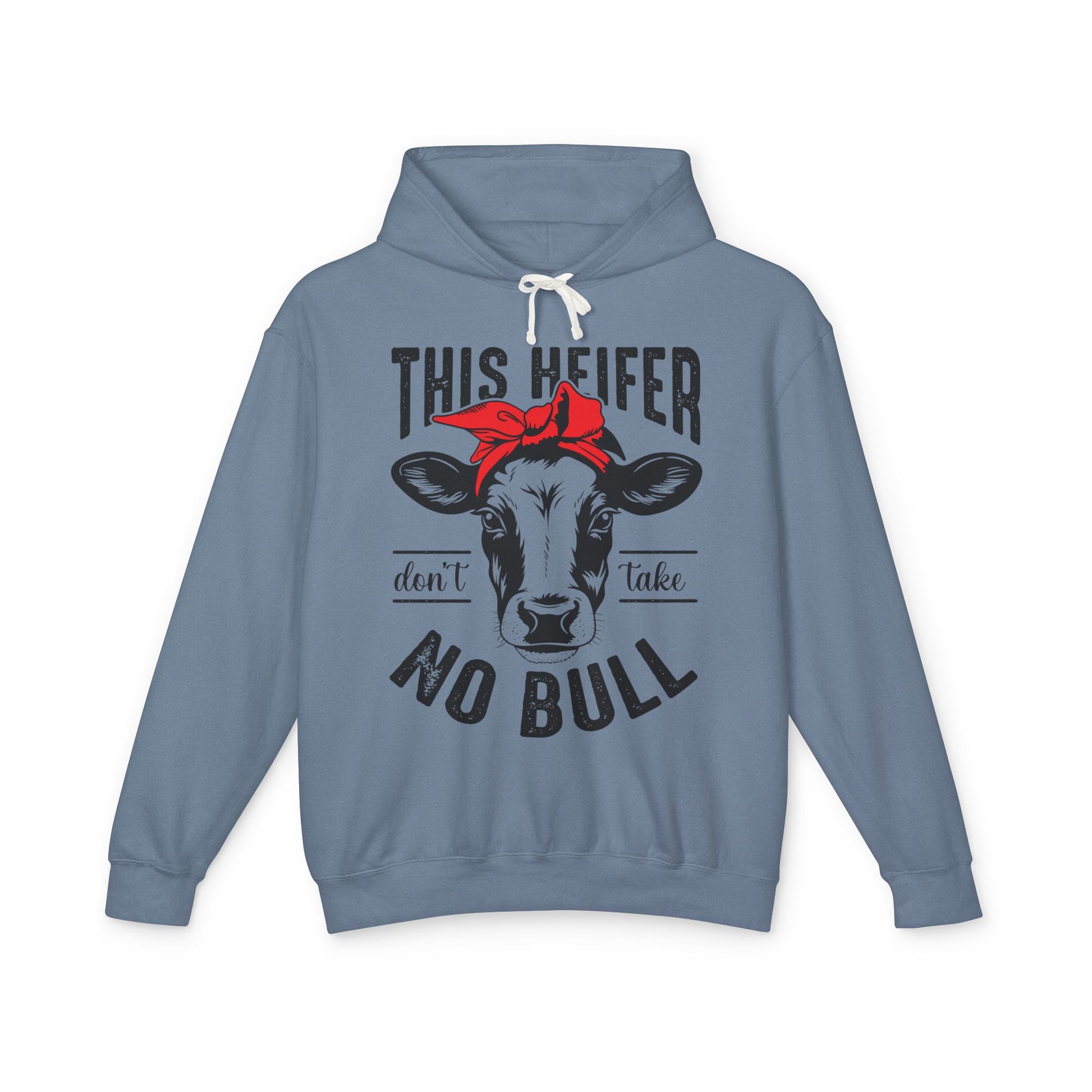 Funny Cow Graphic Unisex Lightweight Hooded Sweatshirt - "This Heifer Don't Take No Bull" - aMOOsing Designs