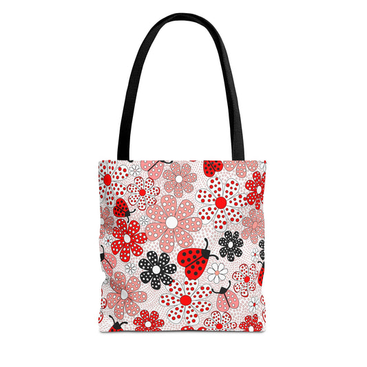 Colorful Floral Tote Bag, Cute Shopping Bag, Spring Gift, Carryall, Ladybug Design, Summer Tote - aMOOsing Designs