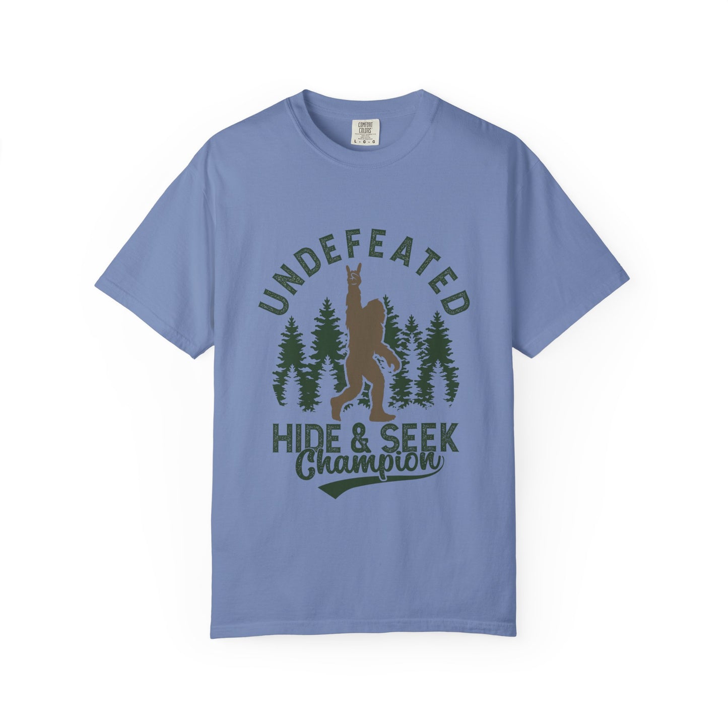 Undefeated Hide & Seek Champion T-shirt, Funny Outdoor Adventure Tee, Nature Lover Gift, Big Foot Shirt, Unisex Garment-Dyed, Adventure