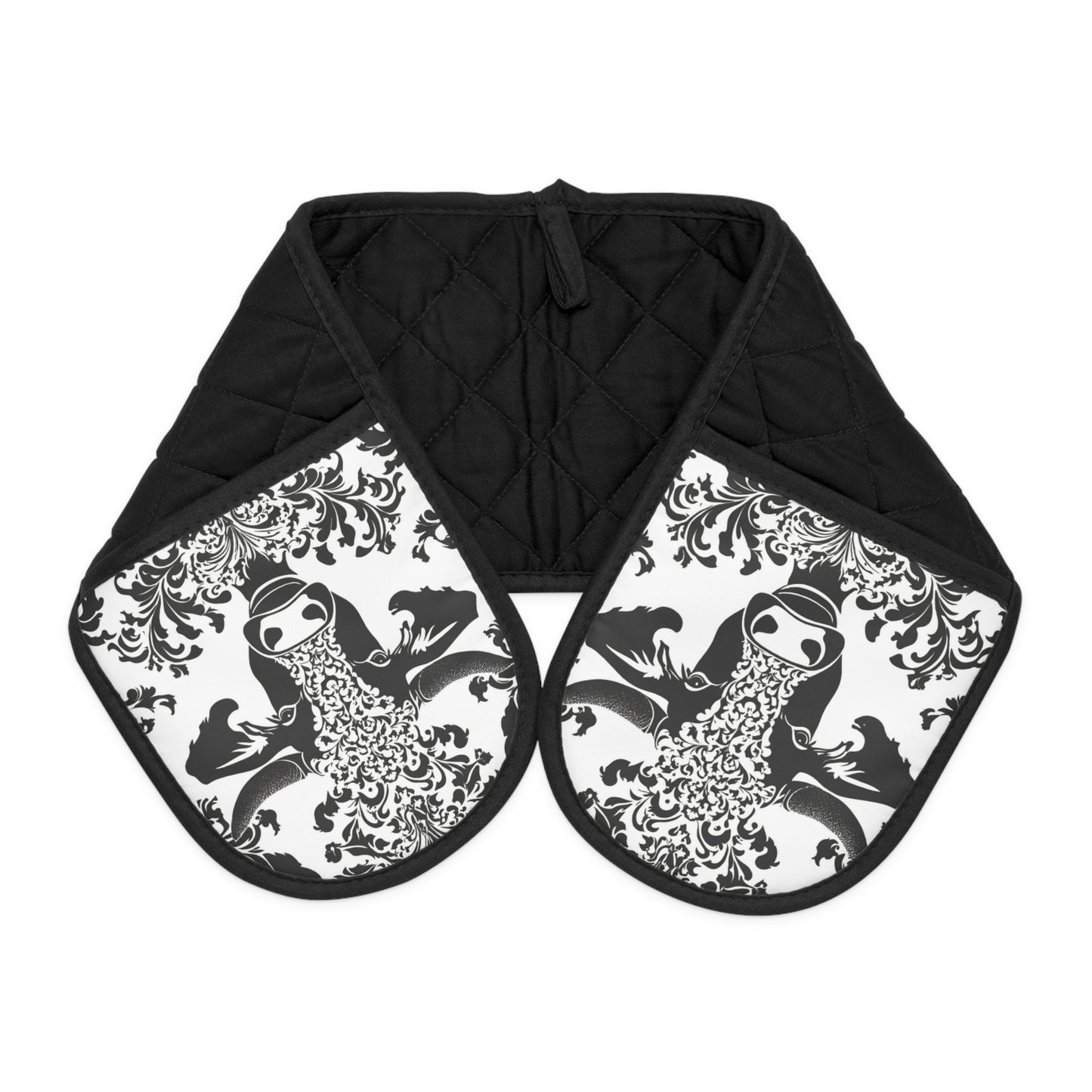 Cow Damask Black Oven Mitts with Artistic Design, Kitchen Gift, Home Decor, Cooking Supplies, Unique Housewarming